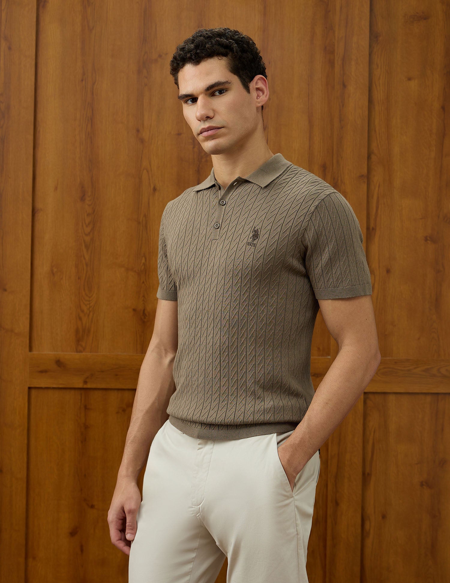 Patterned Knit Equestrian Aisle Theater Polo Shirt Light Brown - U.S. POLO ASSN. | Large