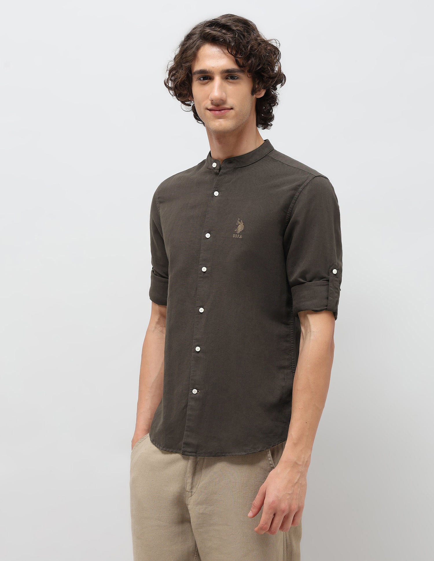 Solid Regular Fit Mandarin Shirt Choco - U.S. POLO ASSN. | Large