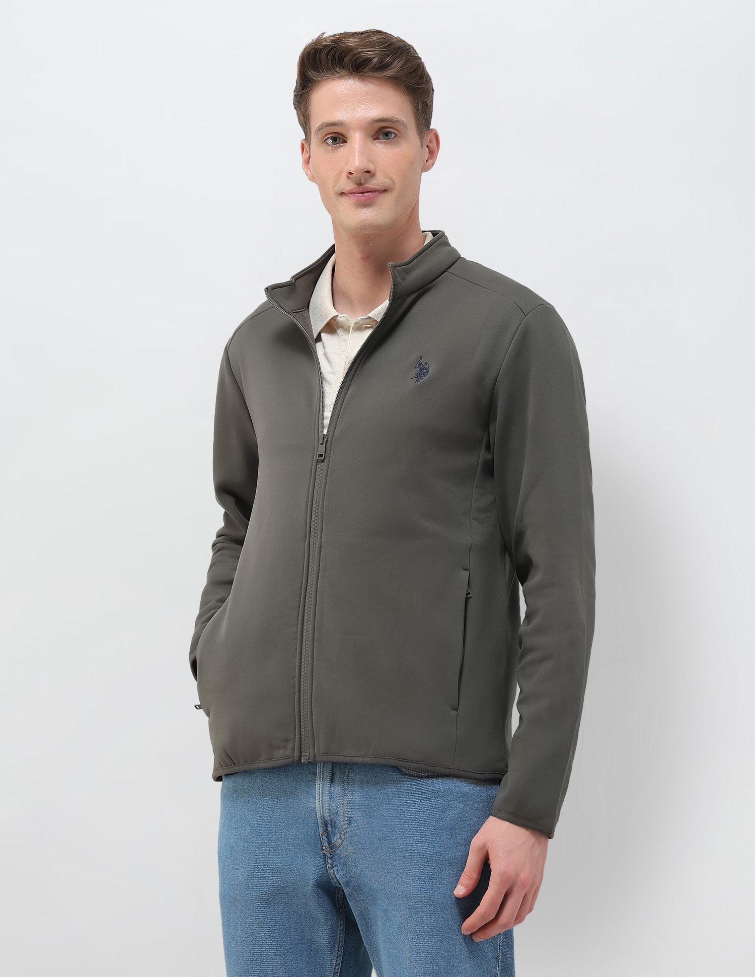 Solid Regular Fit Zipper Sweatshirt Grey - U.S. POLO ASSN. | Large