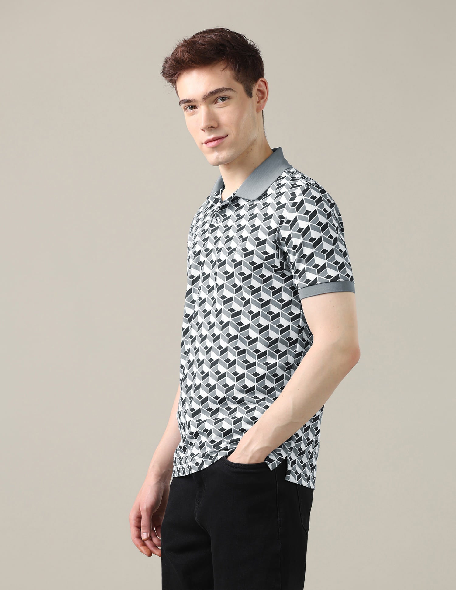Geometric Printed Slim Fit Polo Shirt Grey - U.S. Polo Assn. India | Large