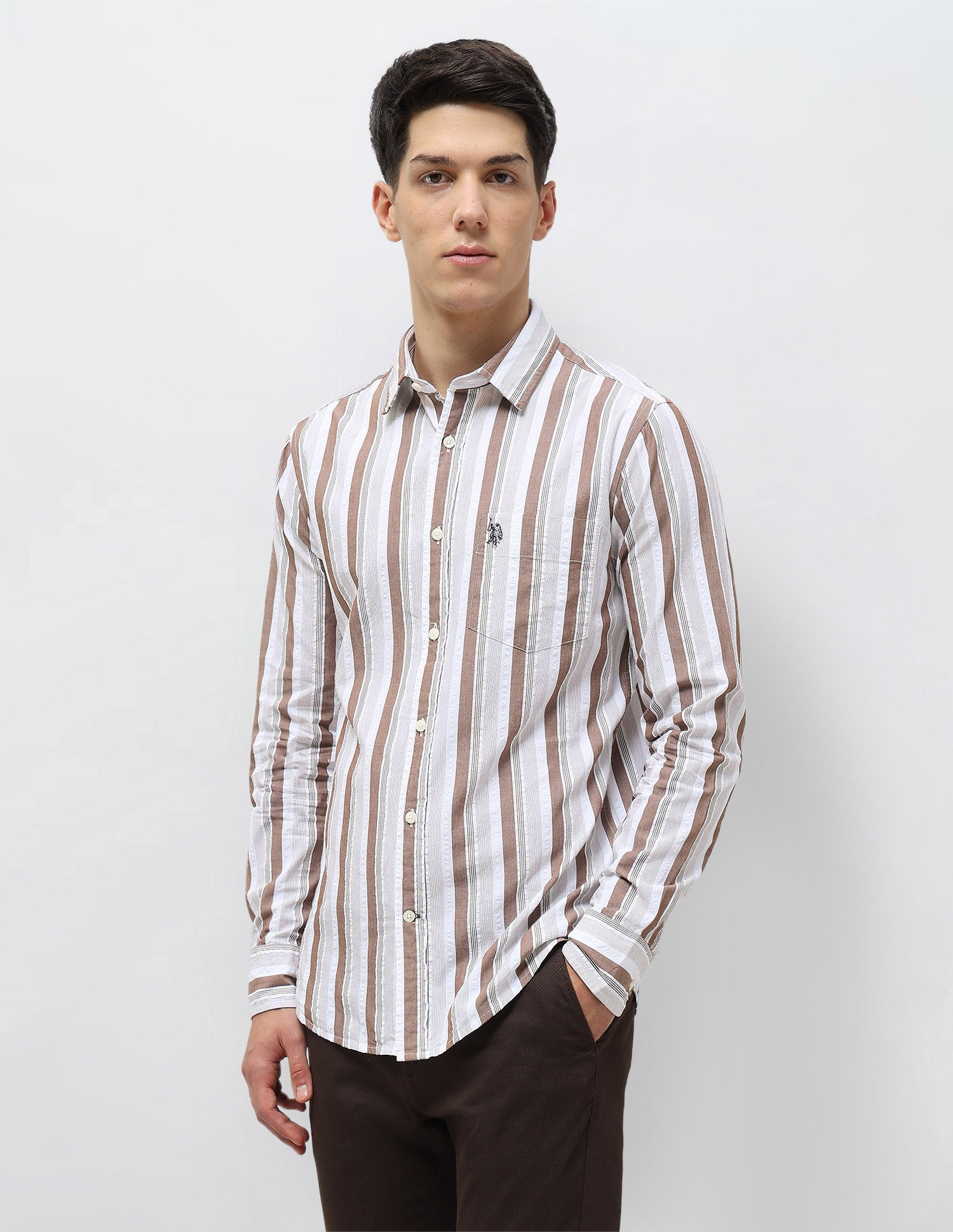 Vertical Striped Seersucker Shirt Brown - U.S. Polo Assn. India | Large