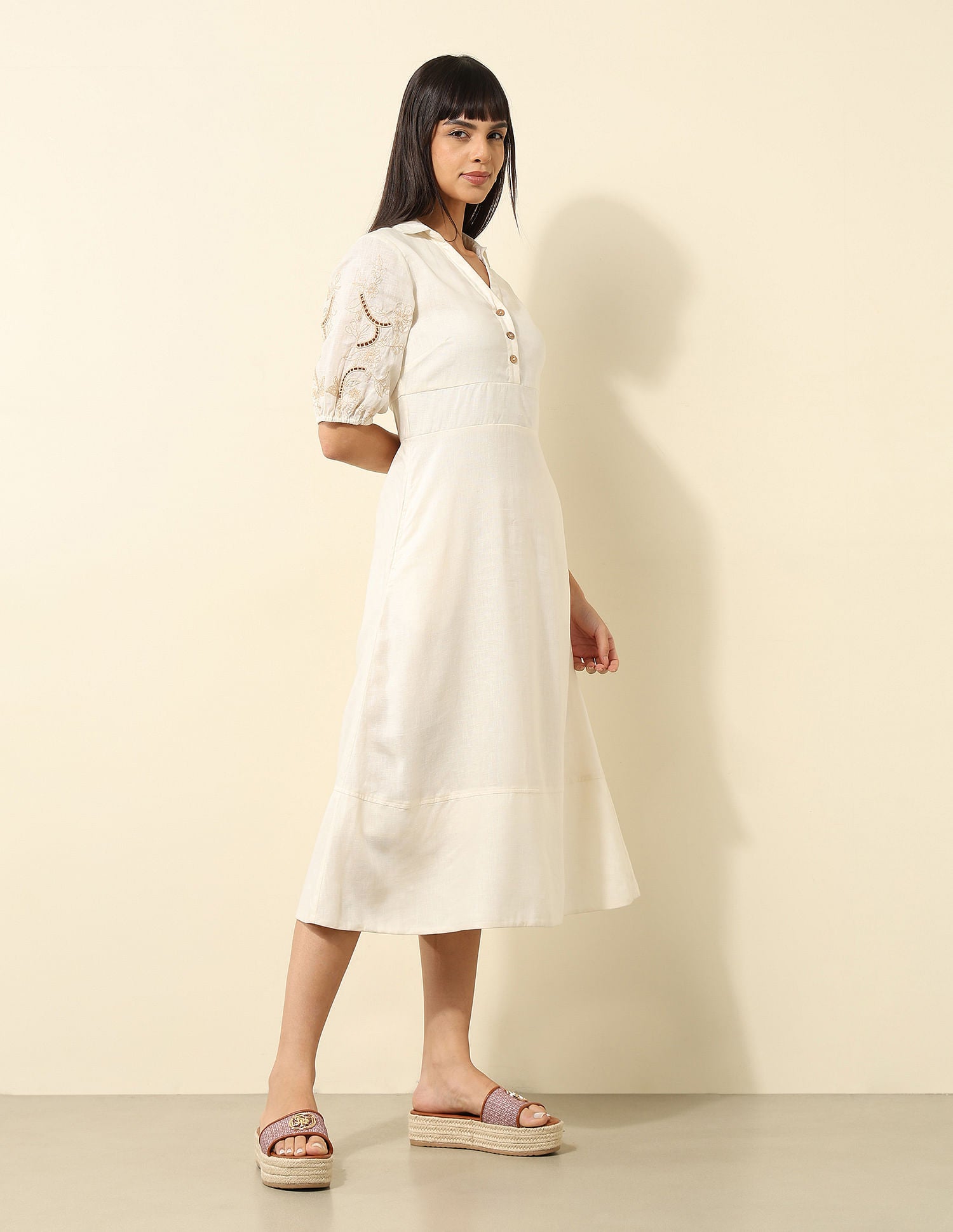 Viscose Linen A-Line Midi Dress Ecru - U.S. Polo Assn. India | Large