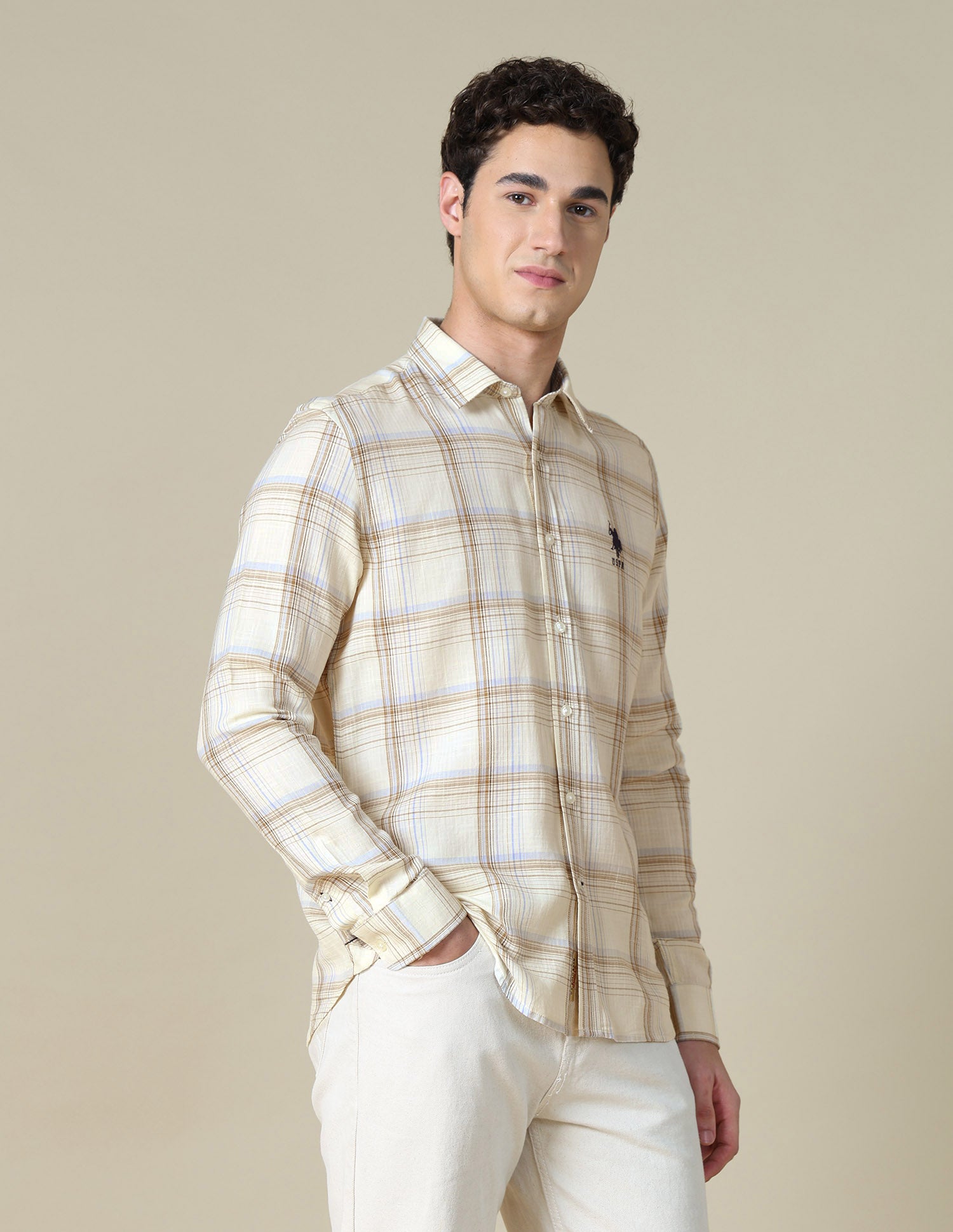 Grid Tattersall Checked Twill Shirt Ivory - U.S. Polo Assn. India | Large