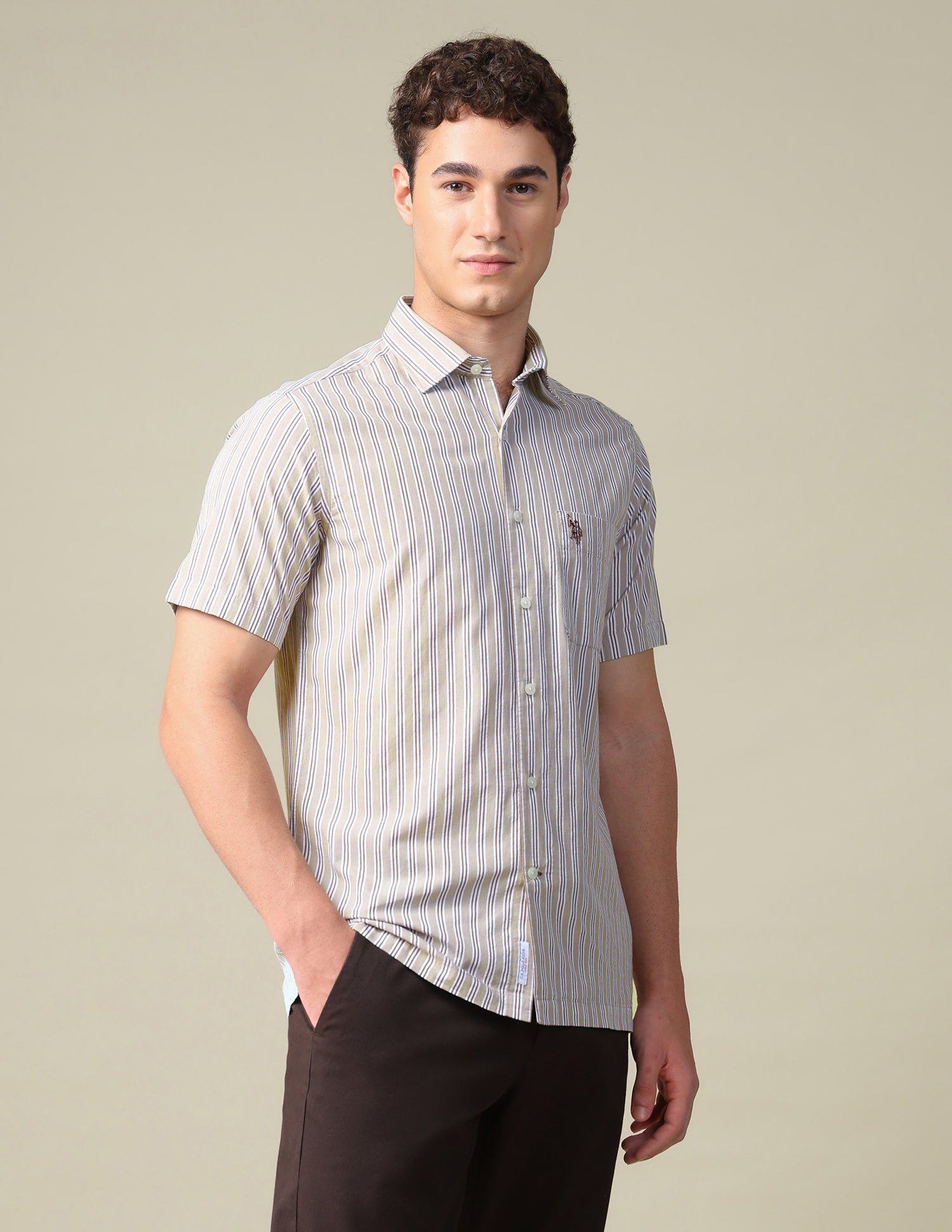 Vertical Striped Seersucker Shirt Beige - U.S. Polo Assn. India | Large