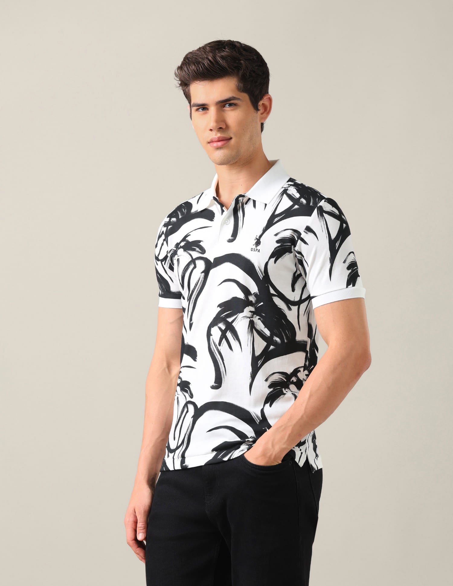 Abstract Printed Slim Fit Polo Shirt Black - U.S. Polo Assn. India | Large