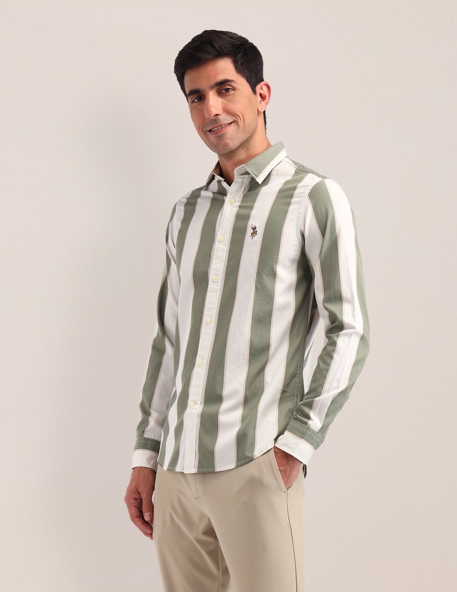 Vertical Striped Poplin Shirt Olive - U.S. Polo Assn. India | Large