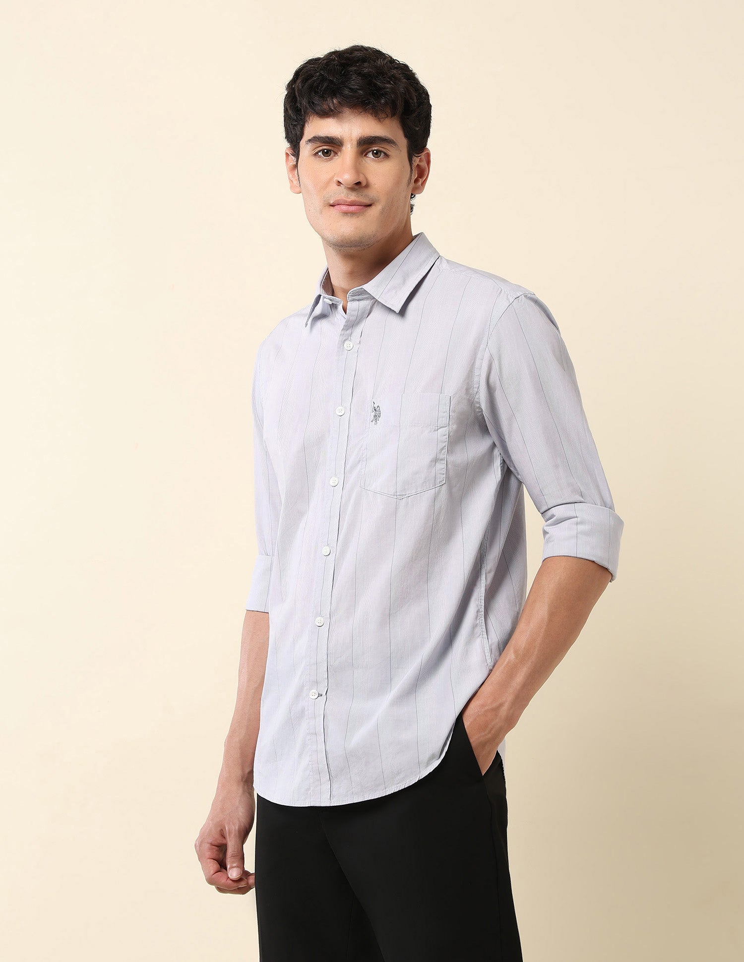 Pinstriped Pure Cotton Shirt Light Grey - U.S. Polo Assn. India | Large