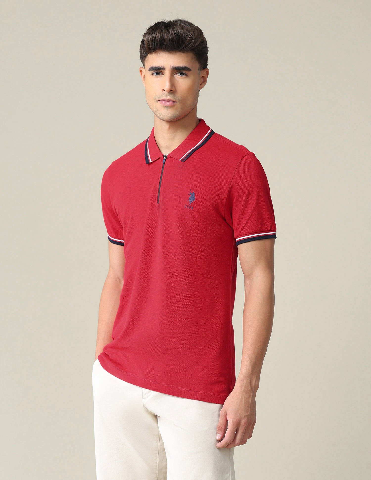 Tipped Zipper Polo Shirt Red - U.S. POLO ASSN. | Large