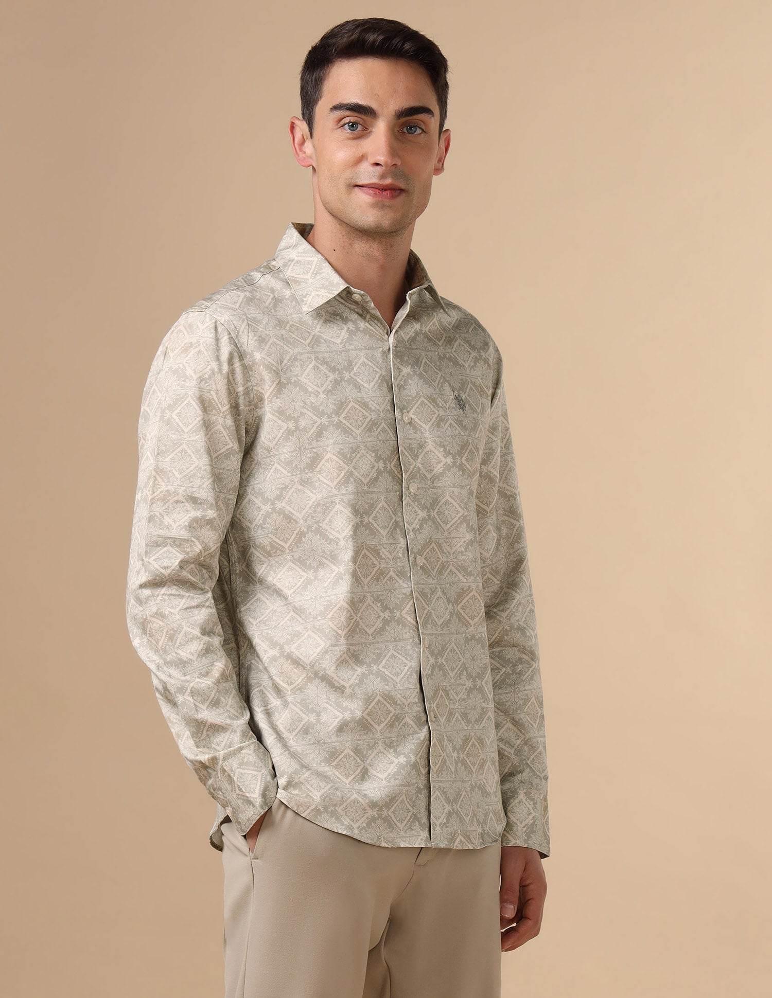 Pure Cotton Geometric Printed Shirt Light Green - U.S. POLO ASSN. | Large