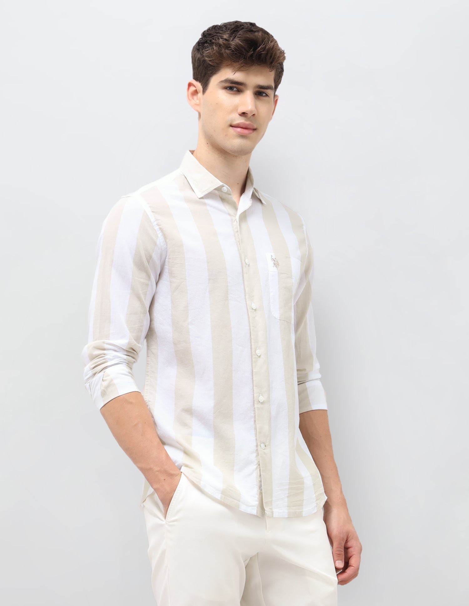 Vertical Striped Tailored Fit Shirt Beige - U.S. Polo Assn. India | Large
