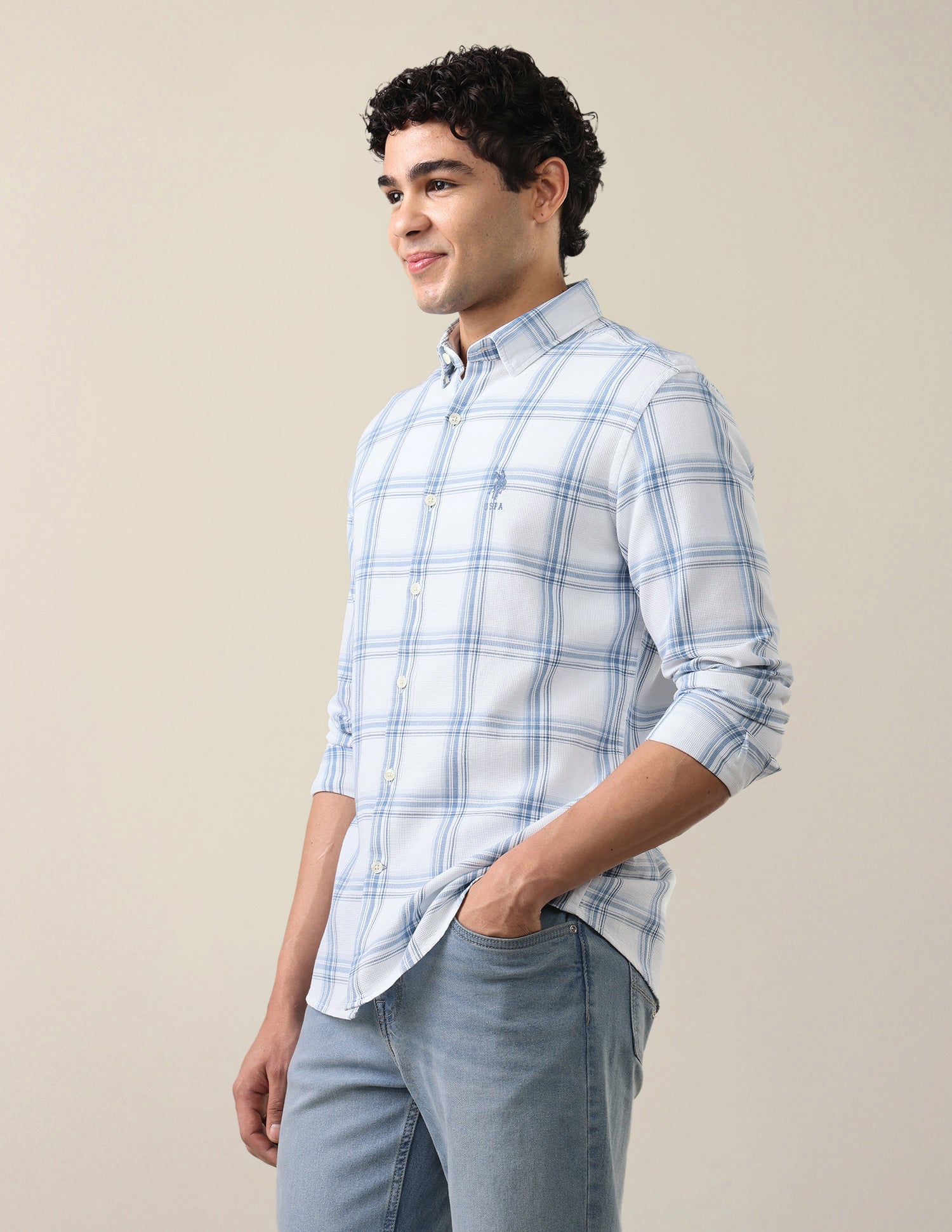 Windowpane Checked Regular Fit Shirt Light Indigo - U.S. Polo Assn. India | Large