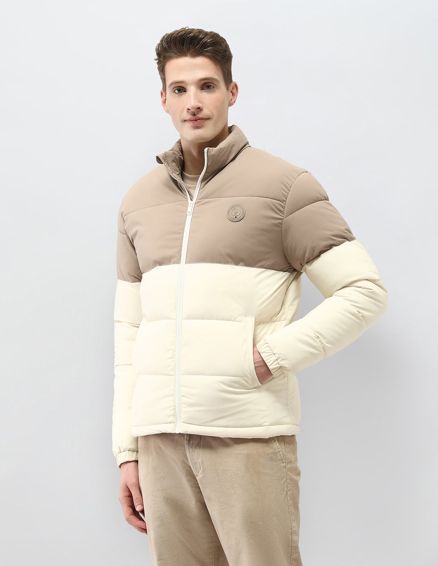 Colour Blocked Regular Fit Puffer Jacket Beige - U.S. Polo Assn. India | Large