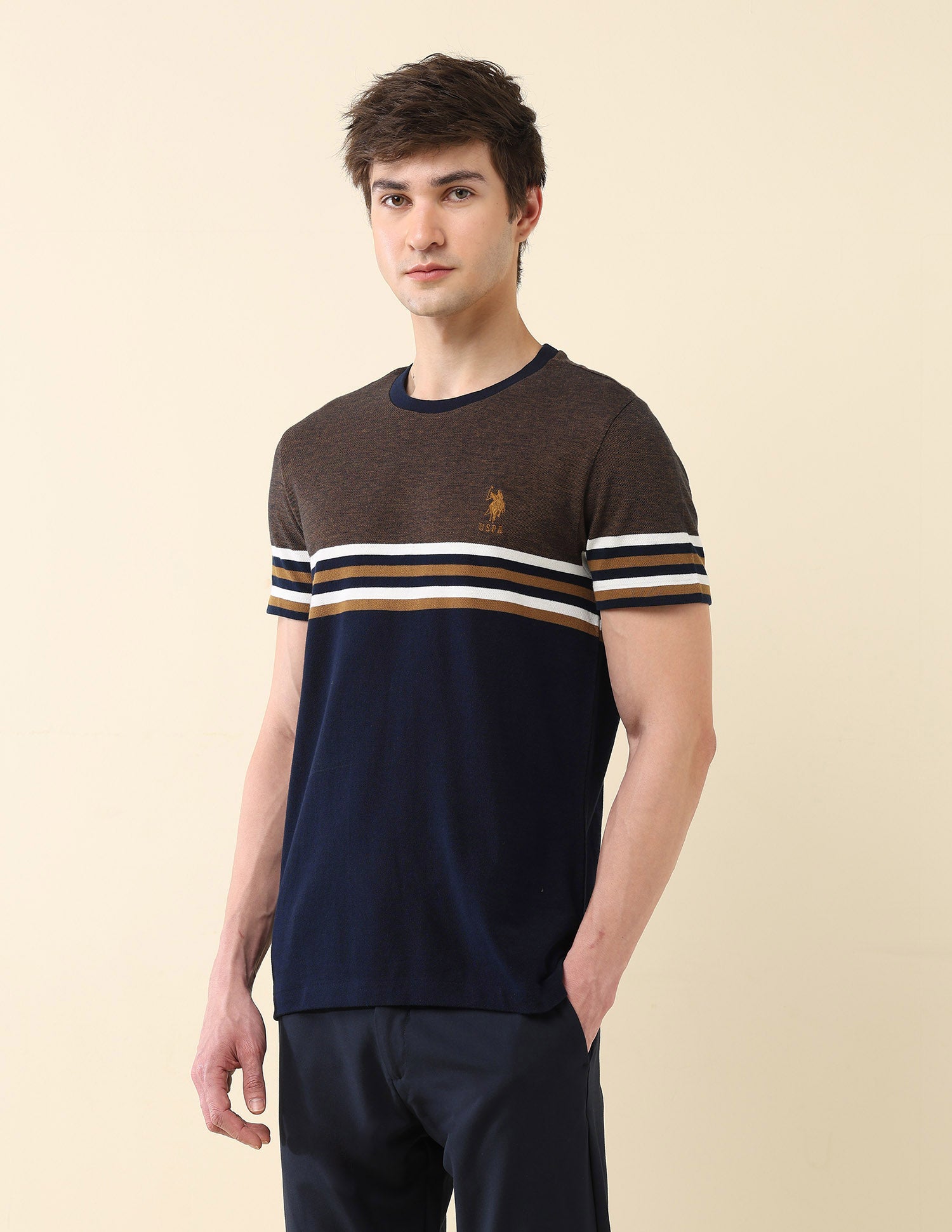 Colourblocked Pure Cotton Gold Cup T-Shirt Navy - U.S. Polo Assn. India | Large