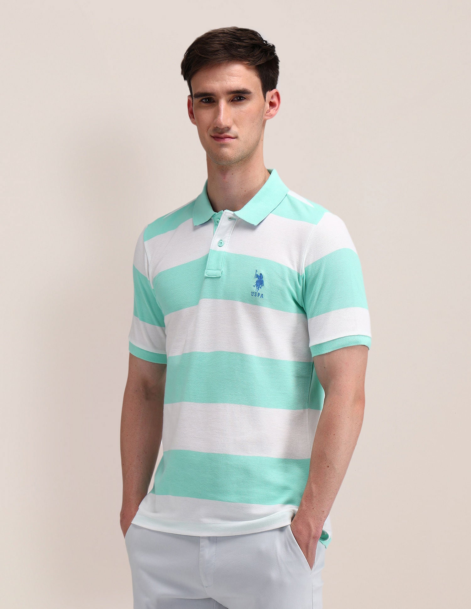 Slim Fit Horizontal Striped Polo Shirt Mint - U.S. Polo Assn. India | Large