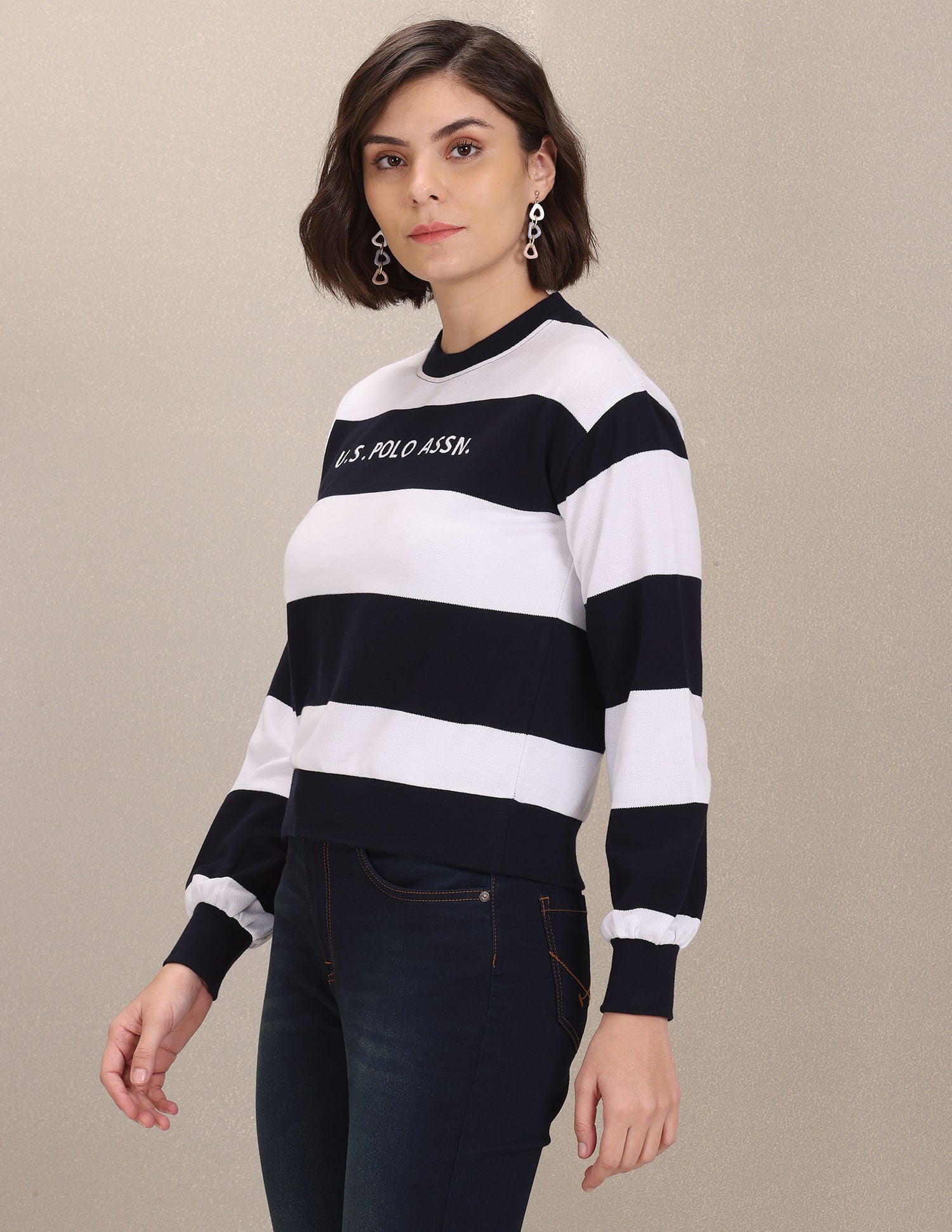 Crew Neck Horizontal Stripe Sweatshirt Navy and White - U.S. Polo Assn. India | Large