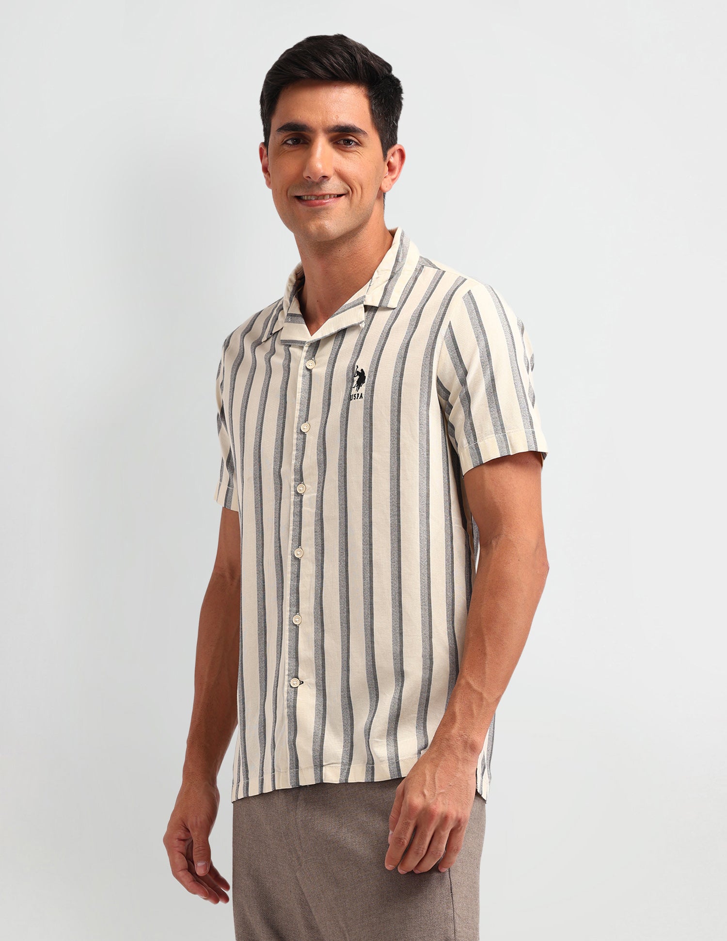 Vertical Striped Slim Fit Shirt Ivory - U.S. Polo Assn. India | Large