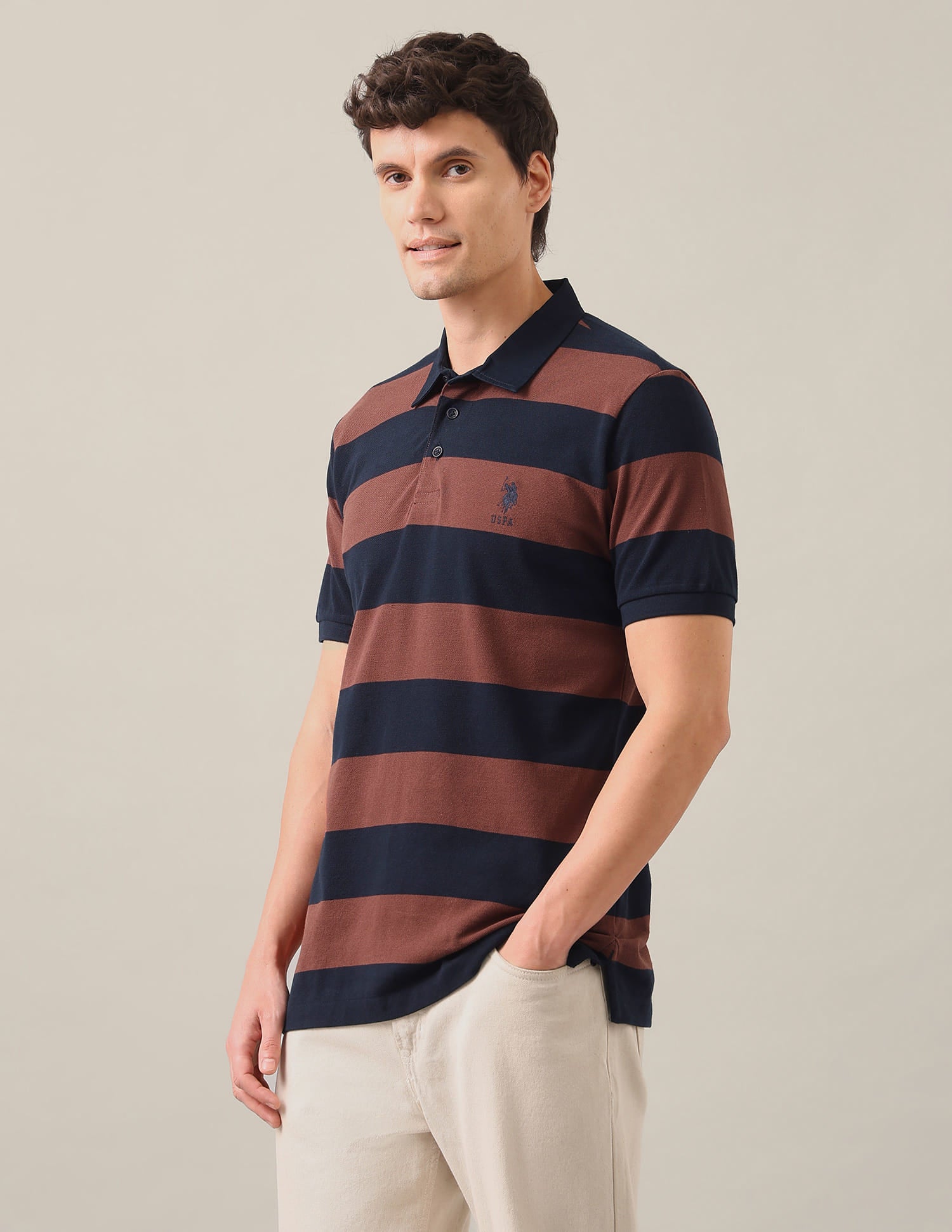 Horizontal Striped Slim Fit Polo Shirt Brown - U.S. Polo Assn. India | Large
