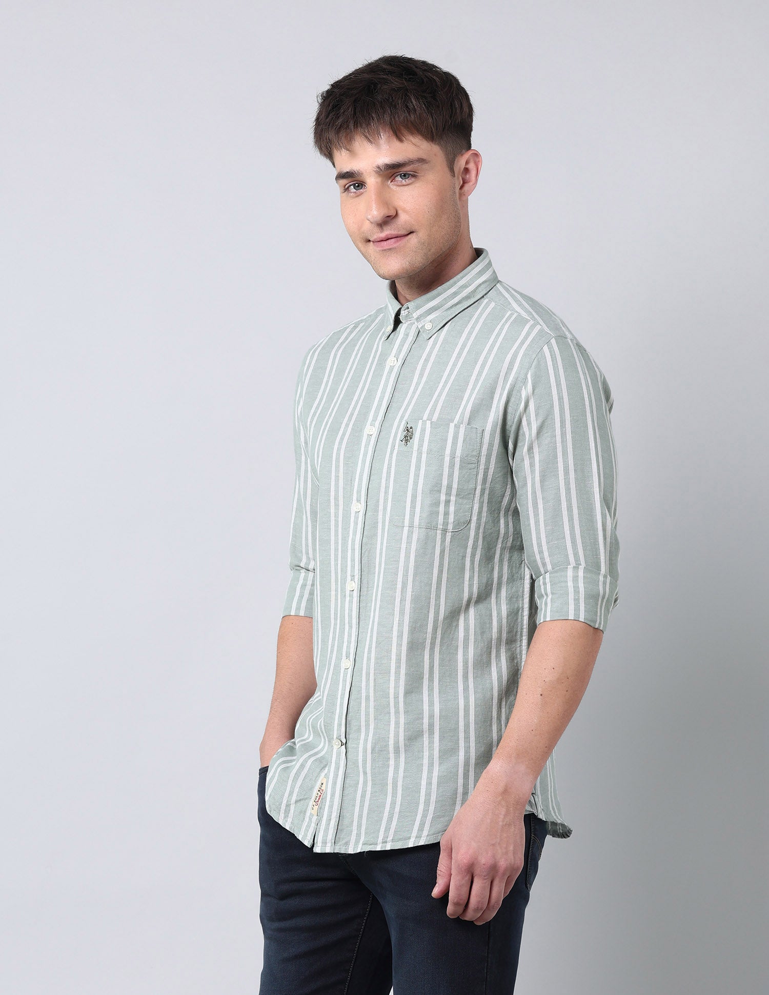 Vertical Striped Regular Fit Shirt Light Green - U.S. Polo Assn. India | Large