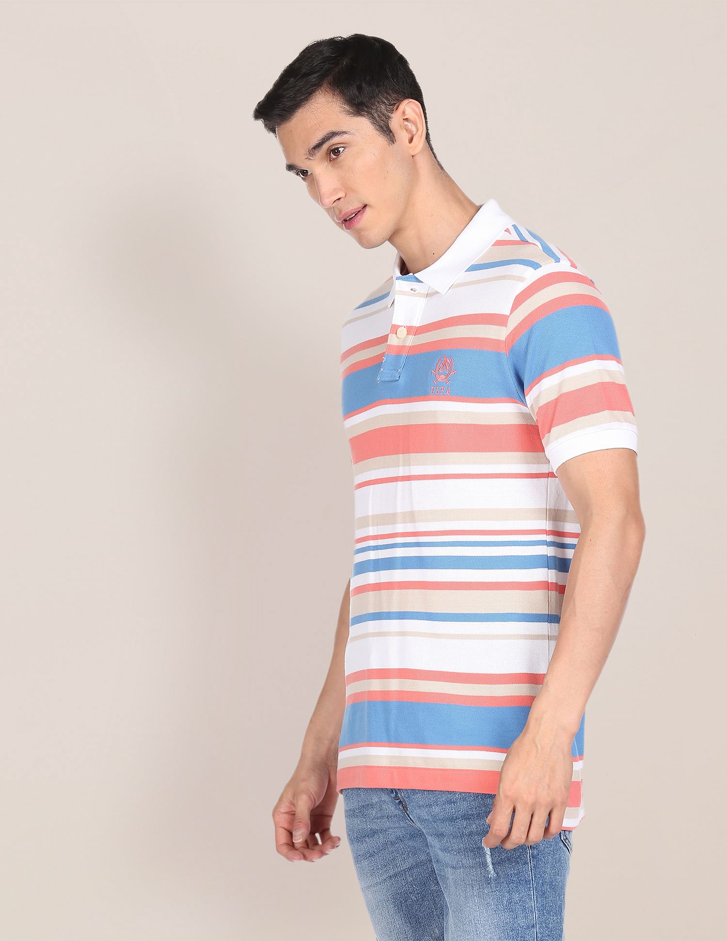 Men White Cotton Striped Logo Polo Shirt White - U.S. Polo Assn. India | Large