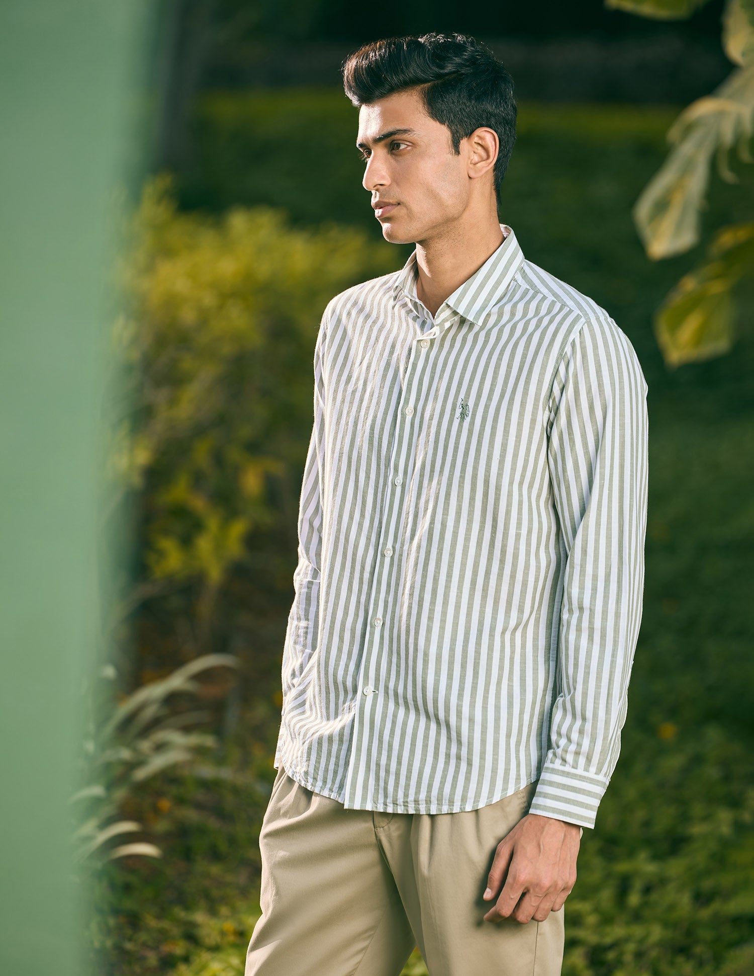 Pacho X Vertical Stripe Cotton Linen Shirt Light Green - U.S. POLO ASSN. | Large