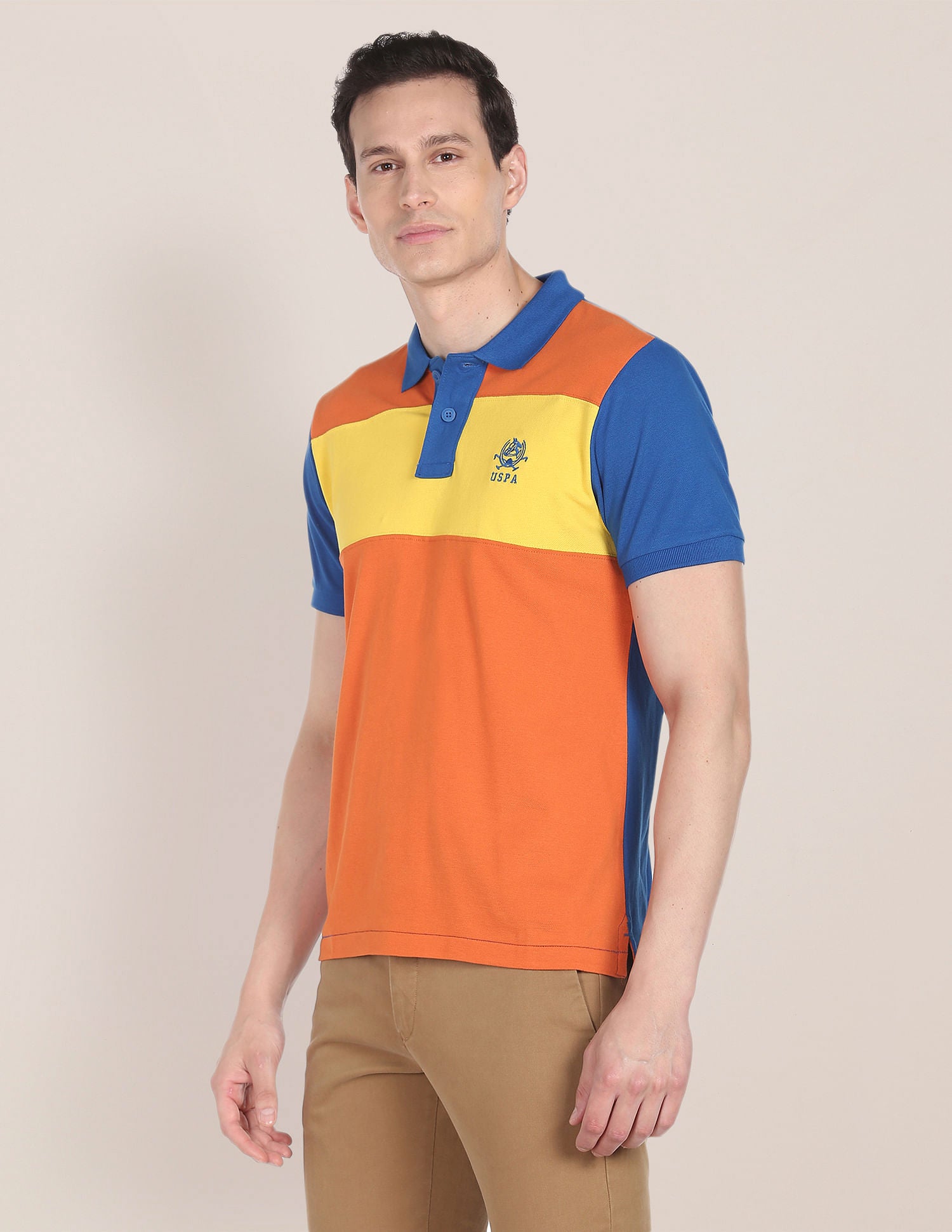 Colour Block Cotton Polo Shirt Orange and Blue - U.S. Polo Assn. India | Large
