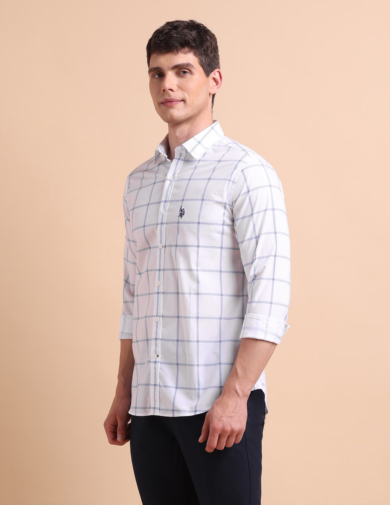Tailored Fit Windowpane Checked Shirt White - U.S. Polo Assn. India | Large