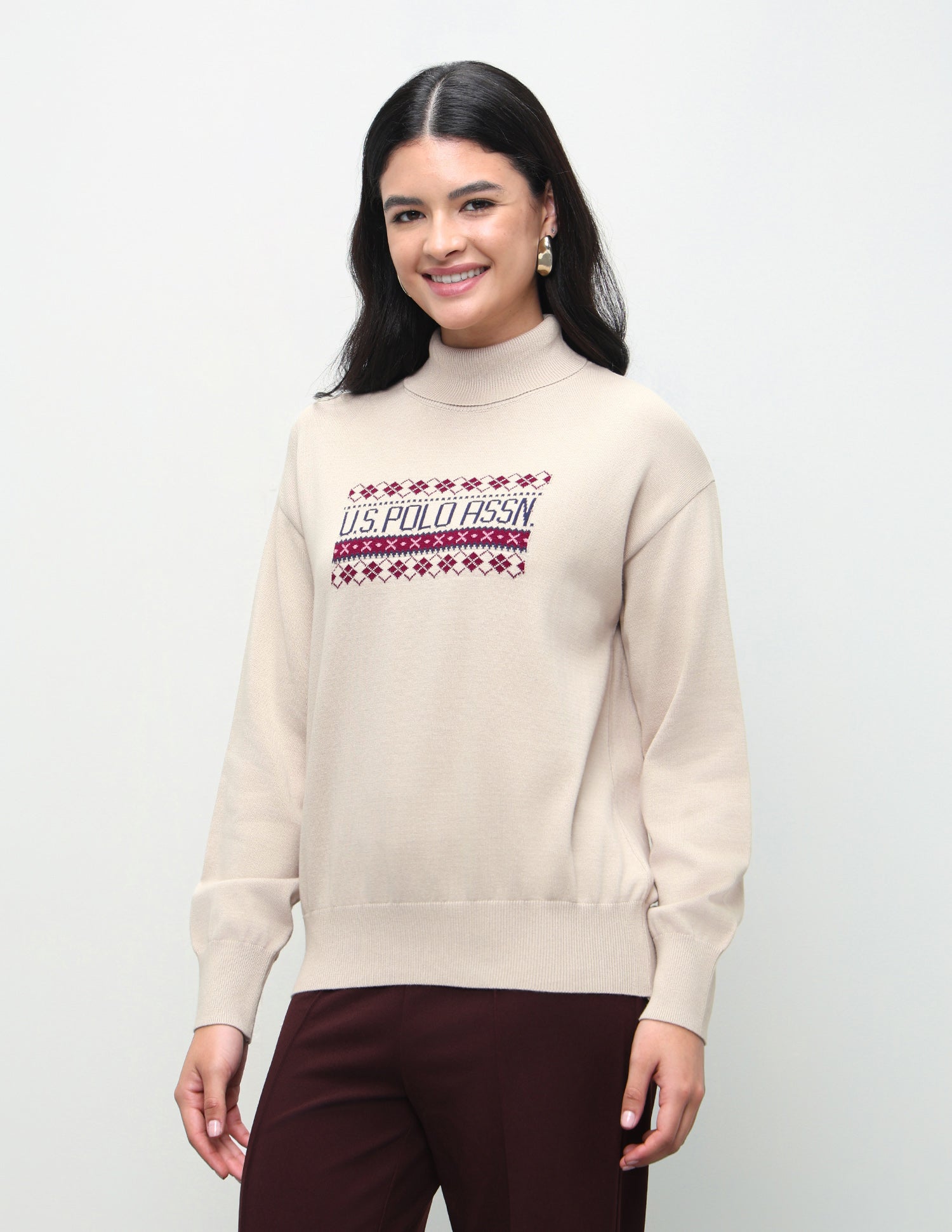 Brand Patterned Knit Regular Fit Sweater Off White - U.S. Polo Assn. India | Large