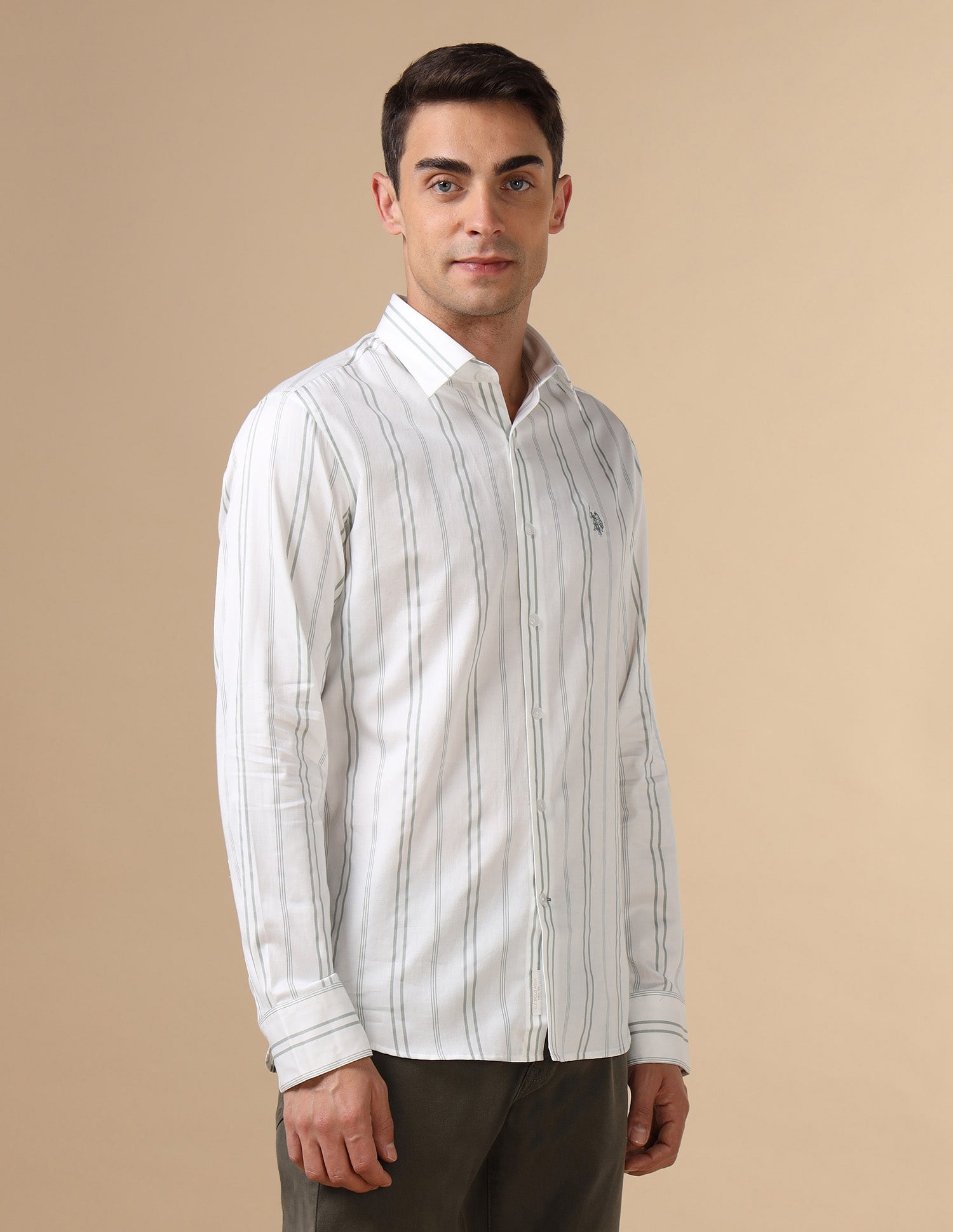 Vertical Striped Pure Cotton Shirt Lightgreen - U.S. POLO ASSN. | Large