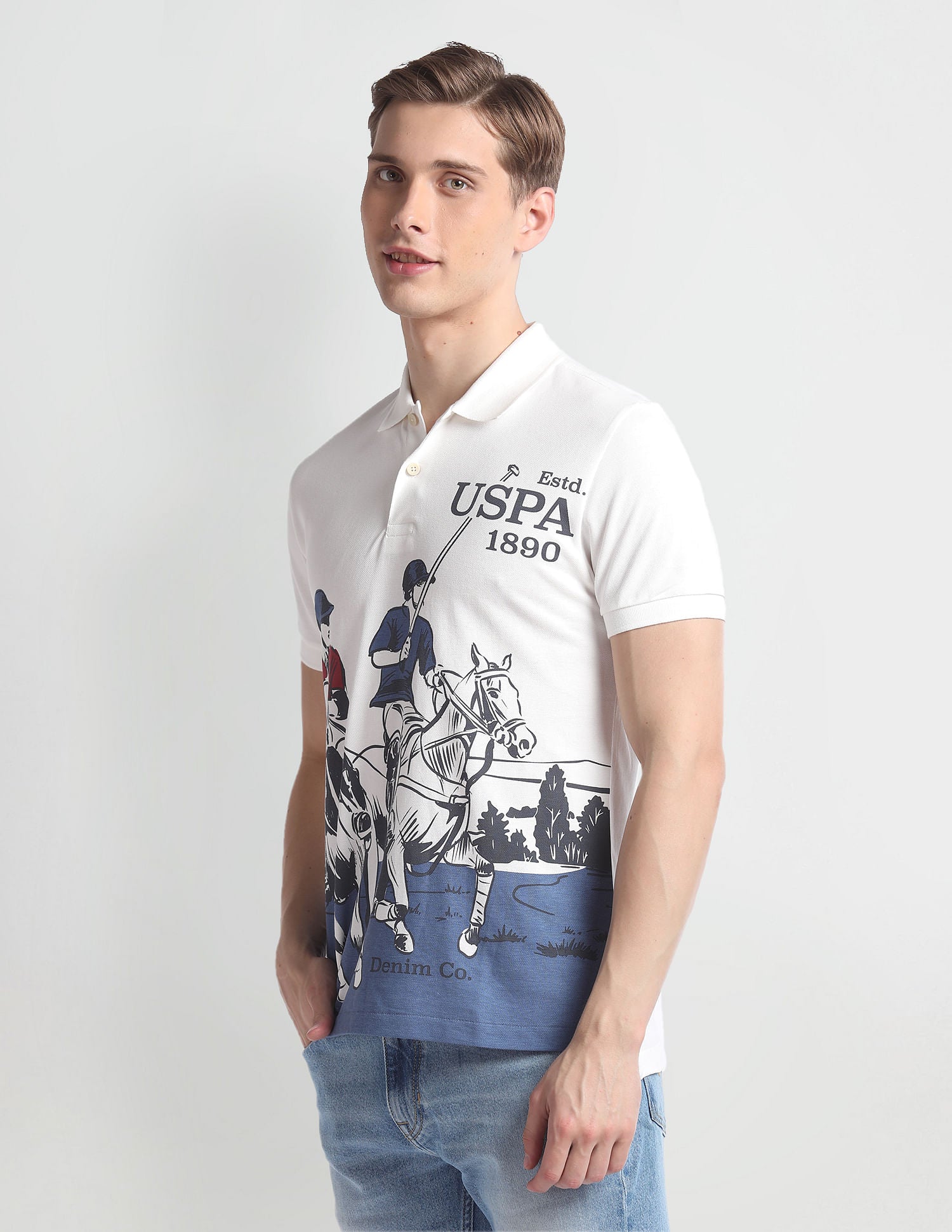 Brand Print Pique Polo Shirt White and Navy - U.S. Polo Assn. India | Large