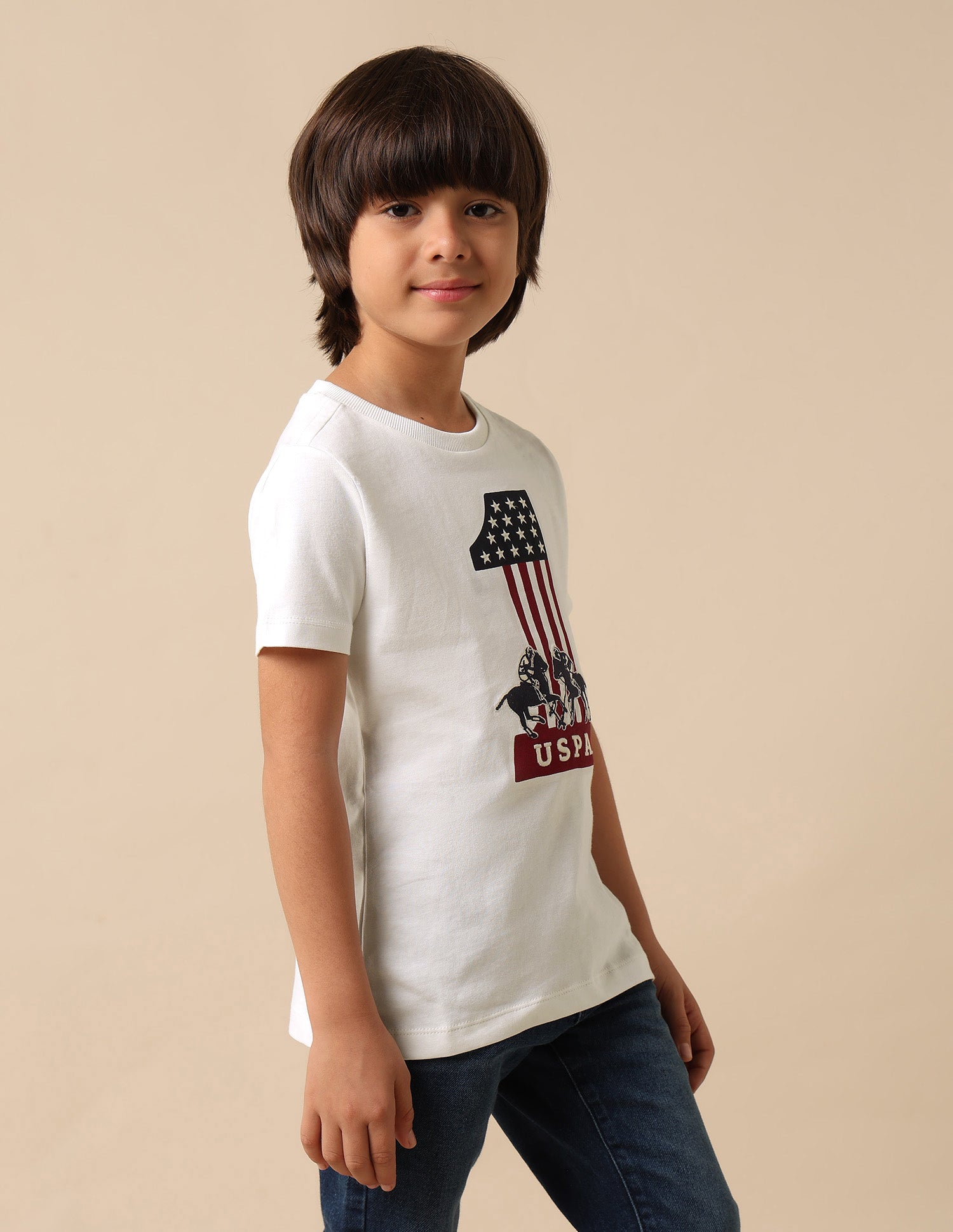 Boys Regular Fit Graphic Brand Printed T Shirt Off White - U.S. POLO ASSN. | Large