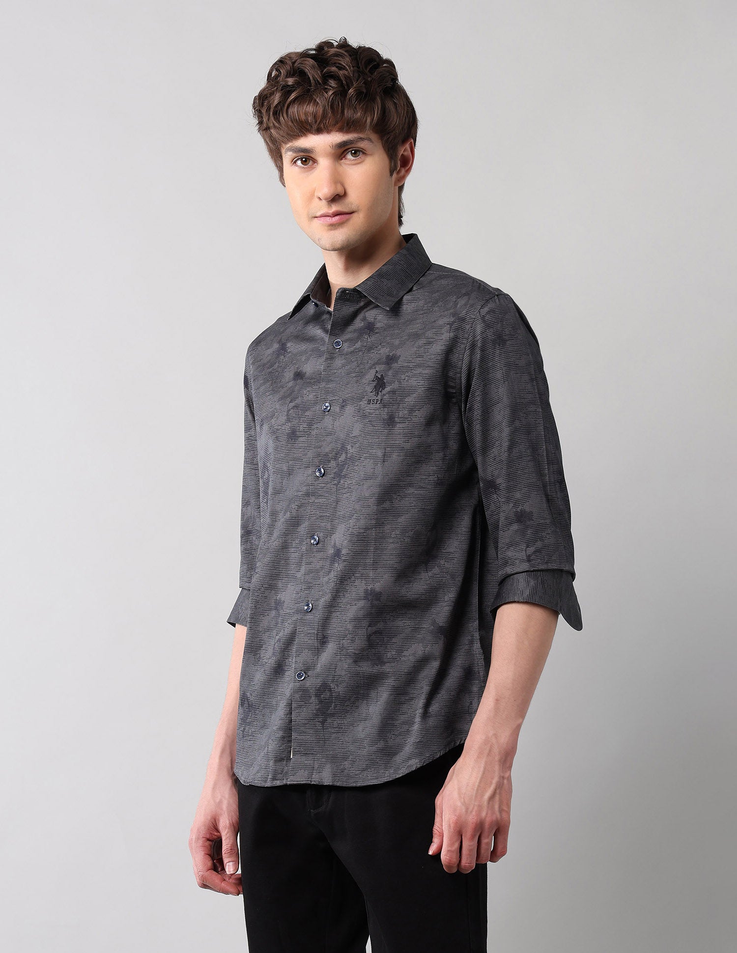 All-Over Printed Pure Cotton Shirt Dark Grey - U.S. Polo Assn. India | Large