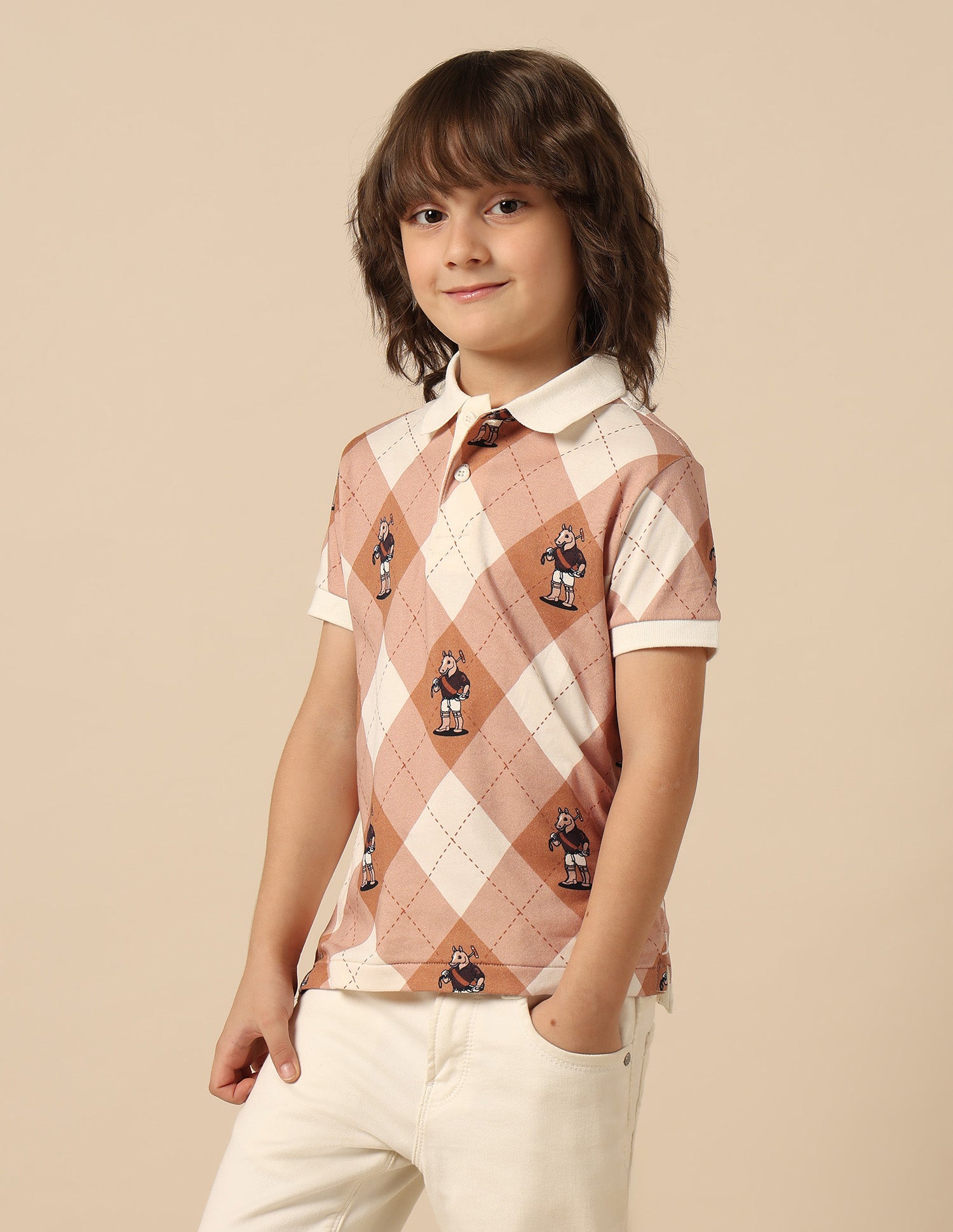 Boys Graphic Checked Regular Fit Polo Shirt Beige - U.S. POLO ASSN. | Large
