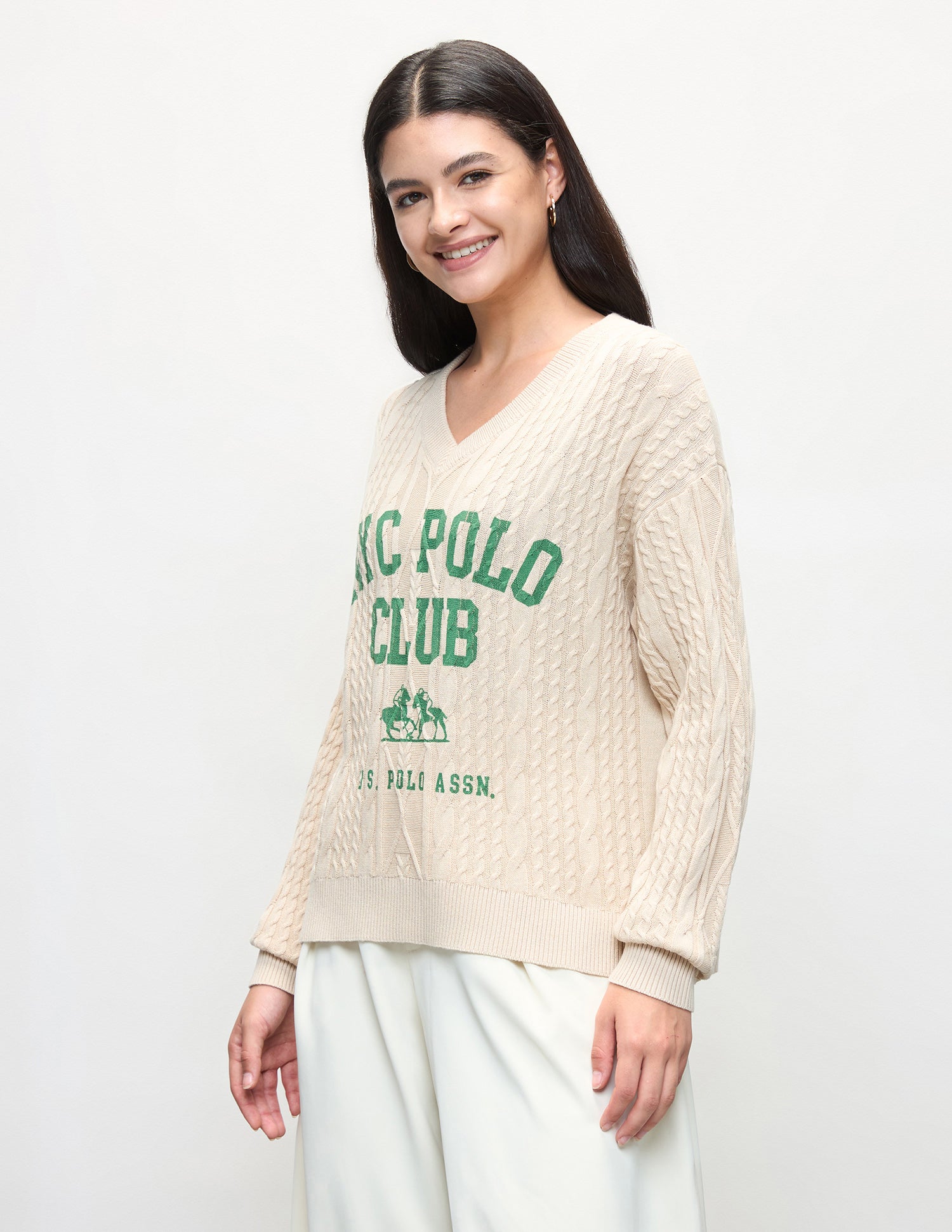 Cable Patterned Knit Oversized Fit Sweater Ecru - U.S. Polo Assn. India | Large