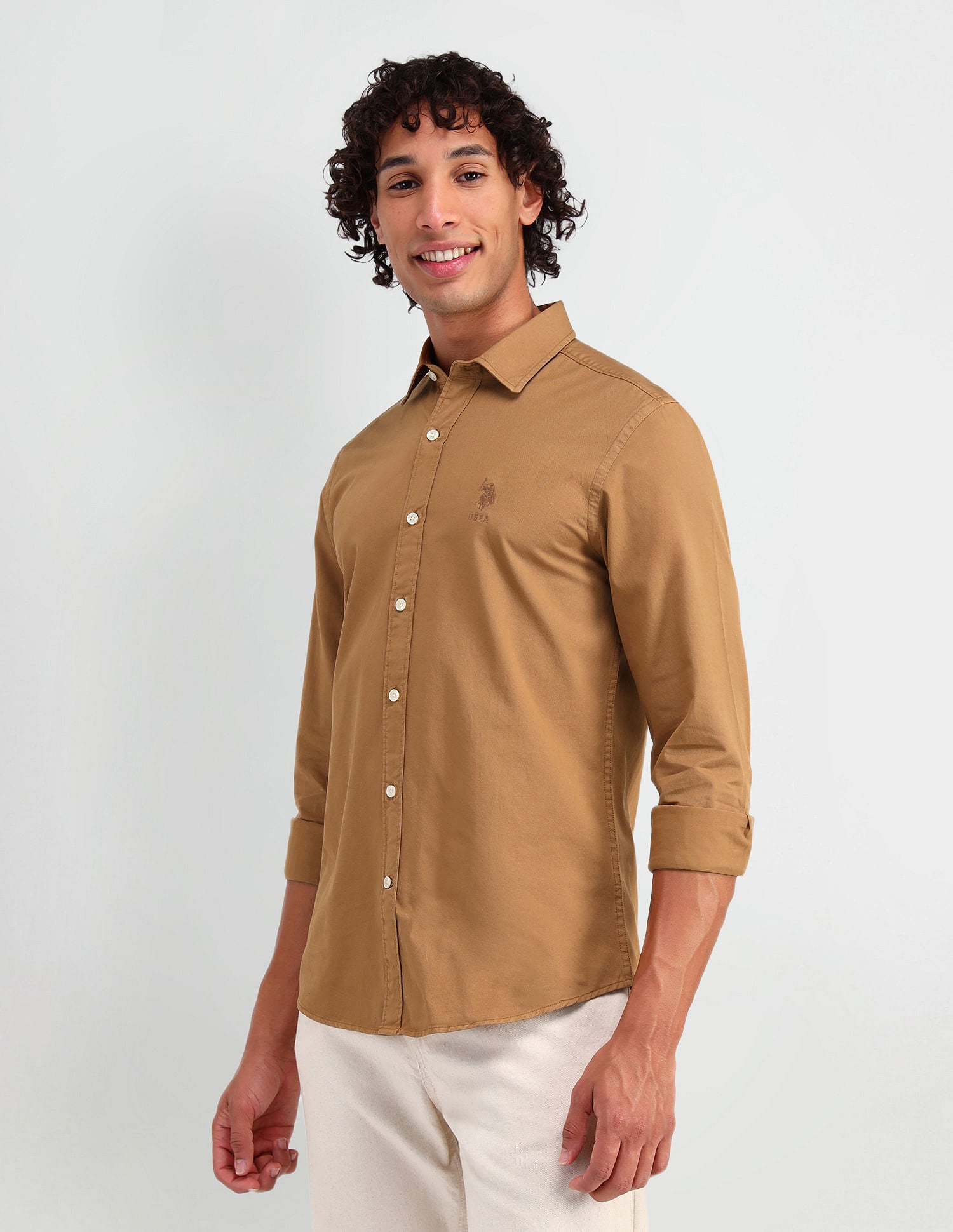 Slim Fit Cotton Twill Shirt Mustard - U.S. Polo Assn. India | Large