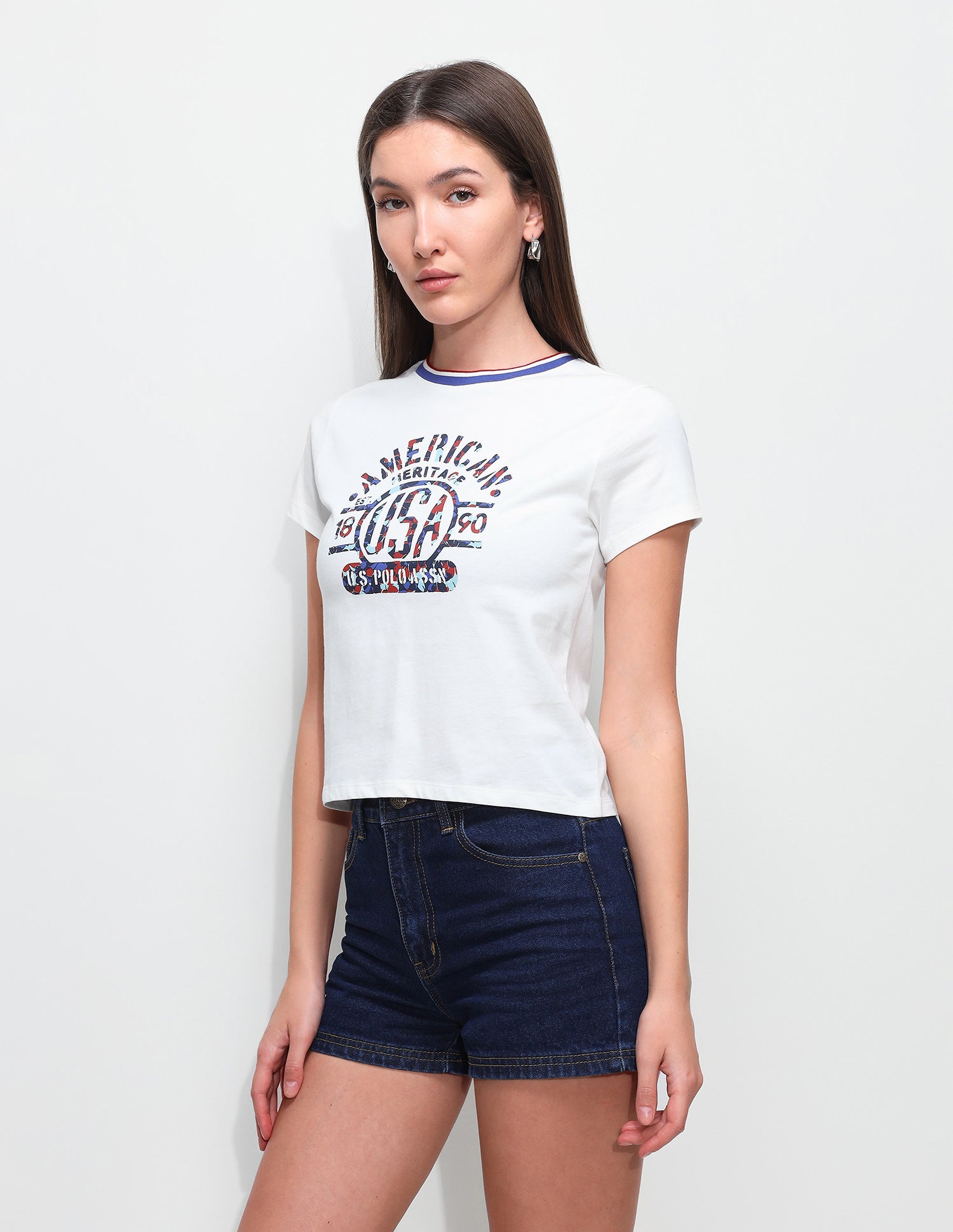 Graphic Brand Printed Fitted Ringer T-Shirt White - U.S. Polo Assn. India | Large