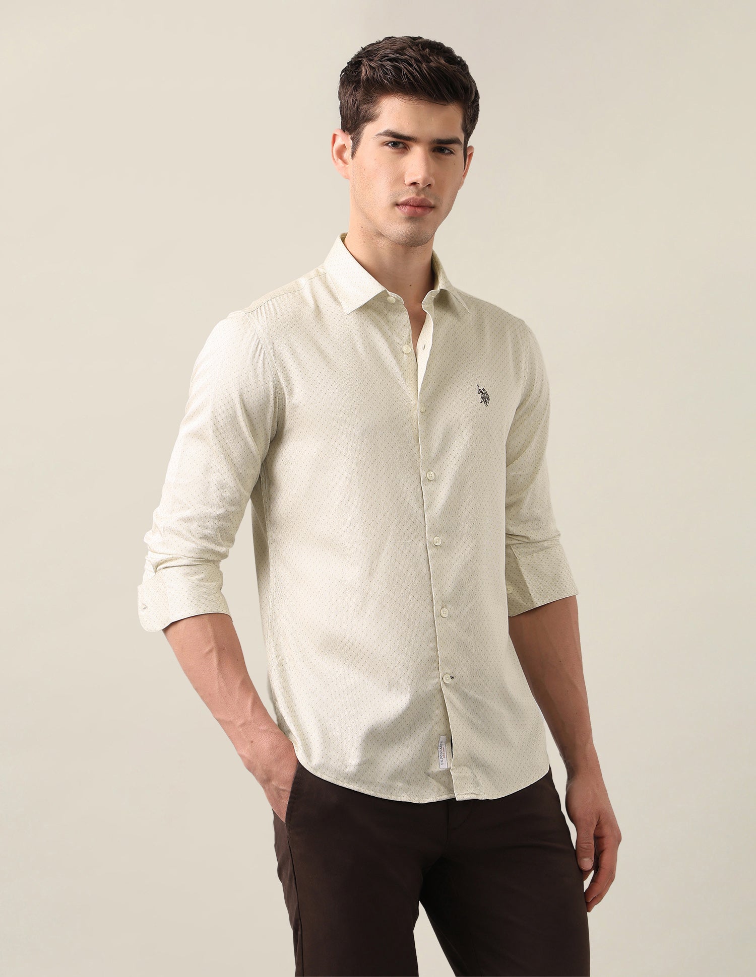 Geometric Printed Satin Shirt Beige - U.S. Polo Assn. India | Large