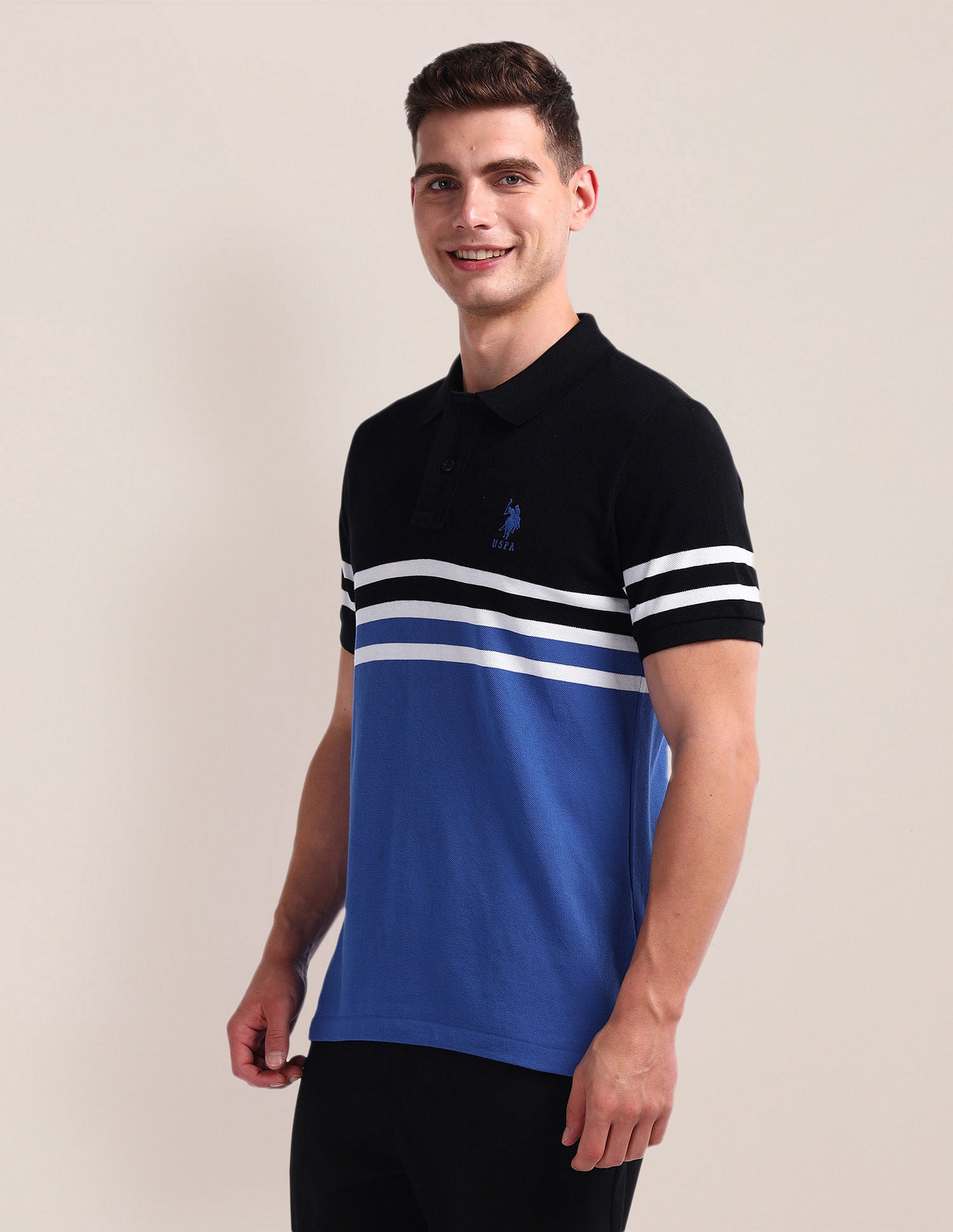 Colour Block Pique Polo Shirt Black and Blue - U.S. Polo Assn. India | Large