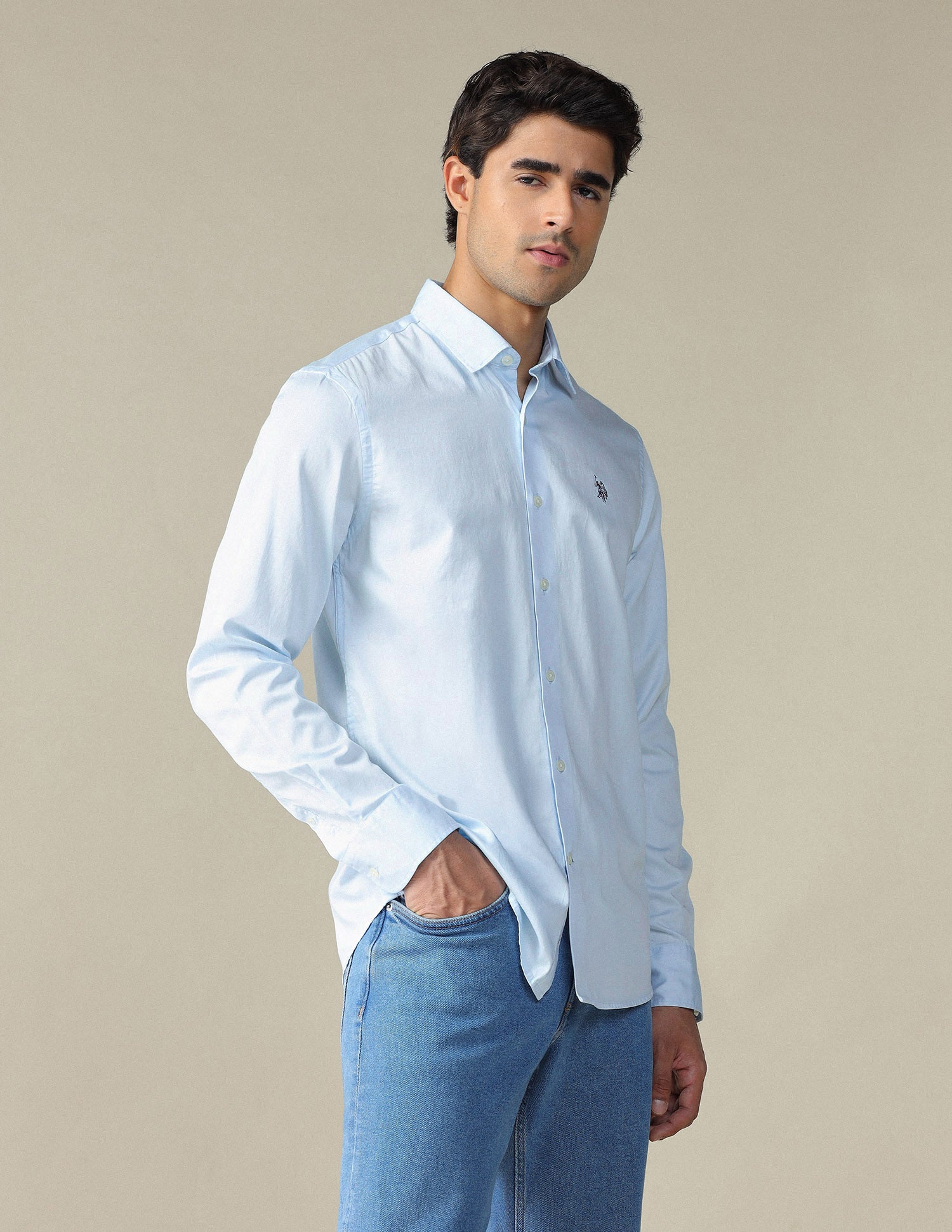 Pure Cotton Satin Shirt Light Blue - U.S. POLO ASSN. | Large