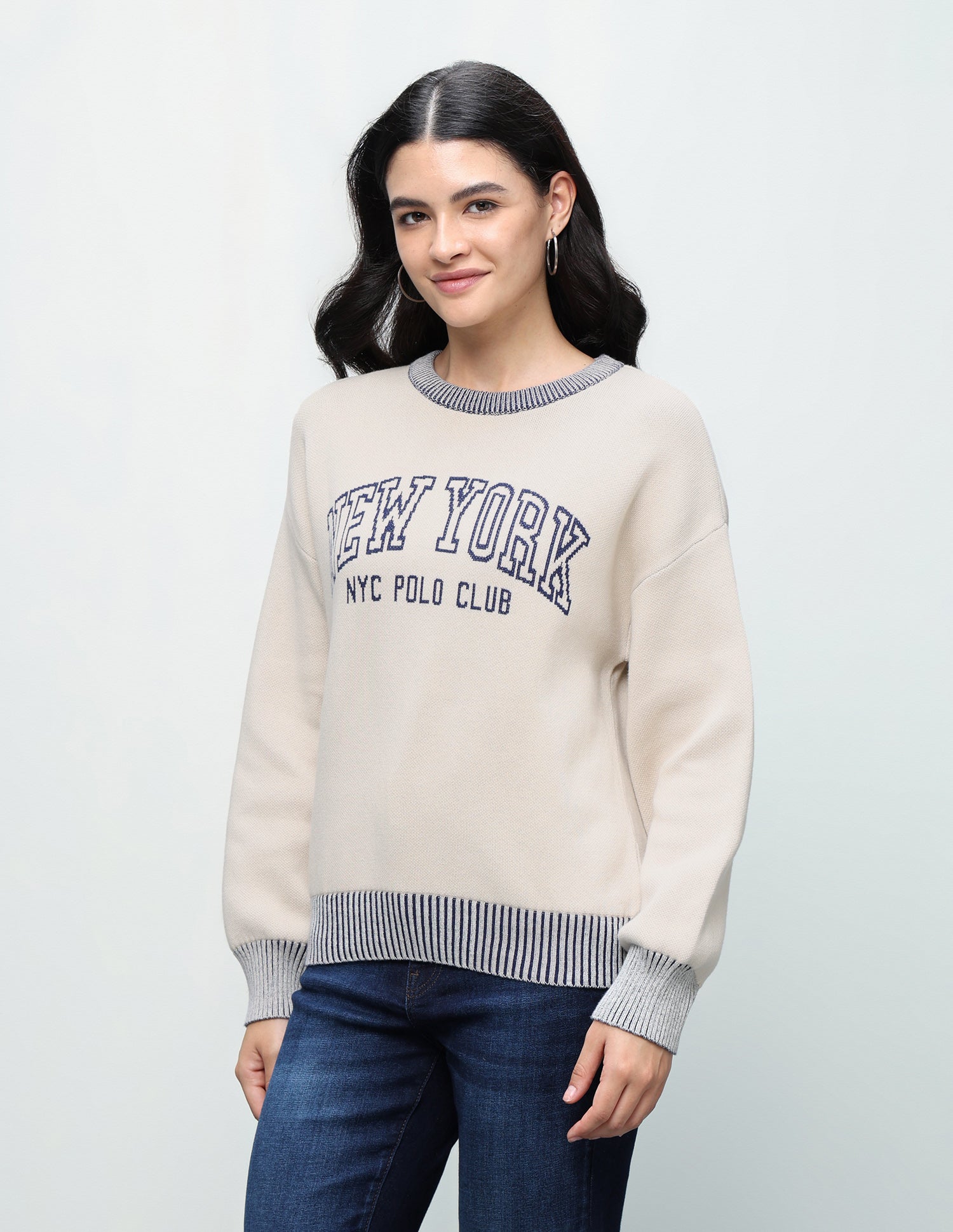 Typographic Patterned Knit Oversized Fit Sweater Off White - U.S. Polo Assn. India | Large