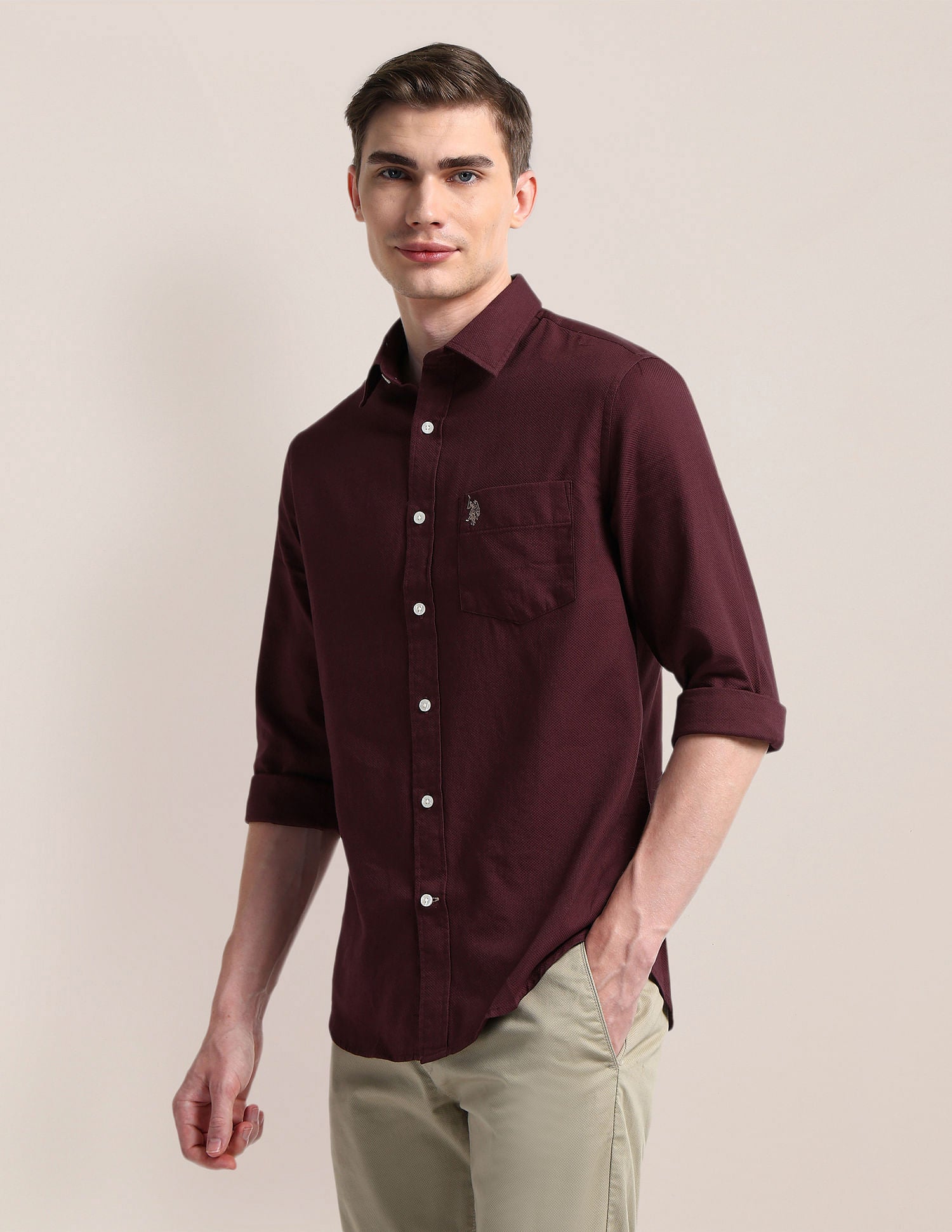 Cutaway Collar Premium Cotton Shirt Maroon - U.S. POLO ASSN. | Large
