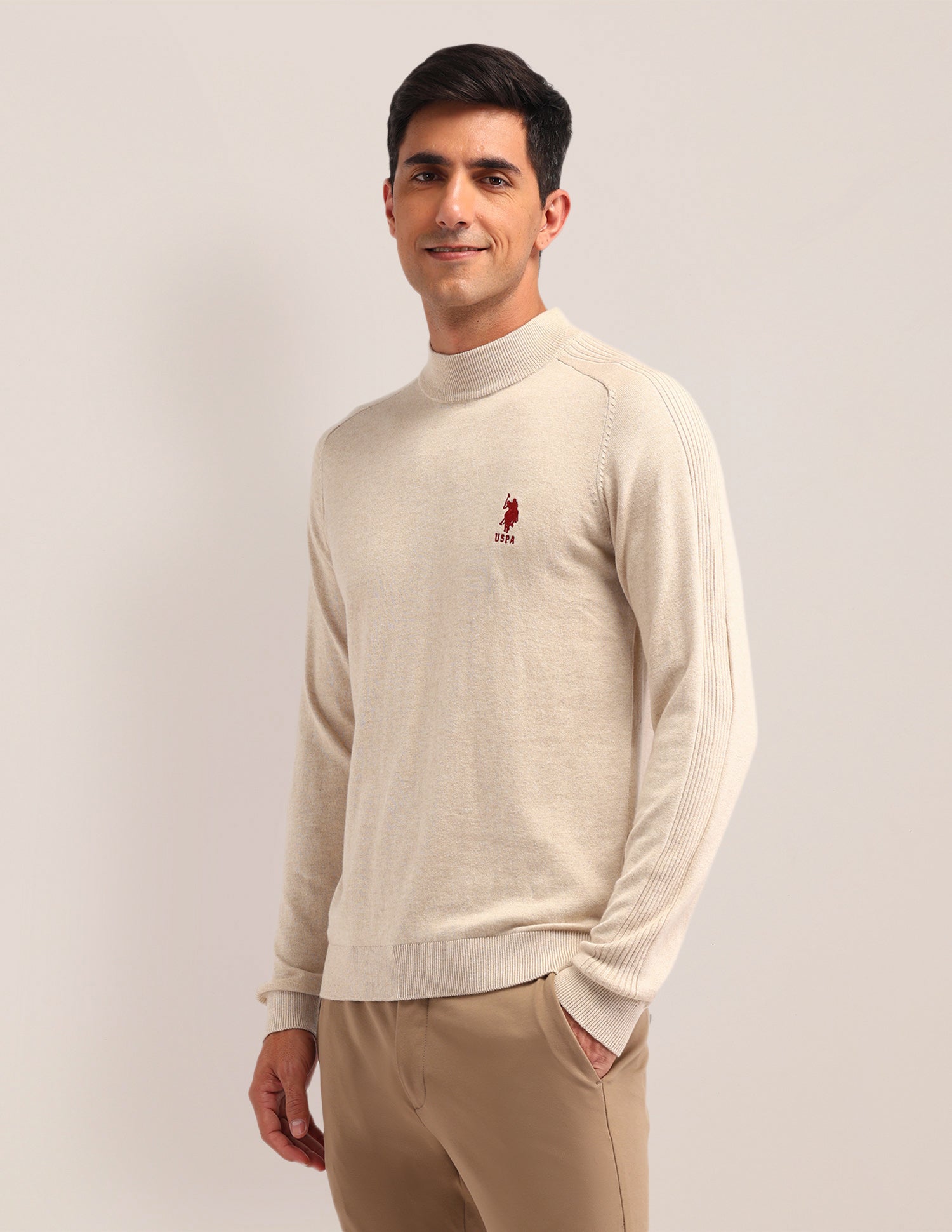 Textured Regular Fit Sweater Beige - U.S. Polo Assn. India | Large