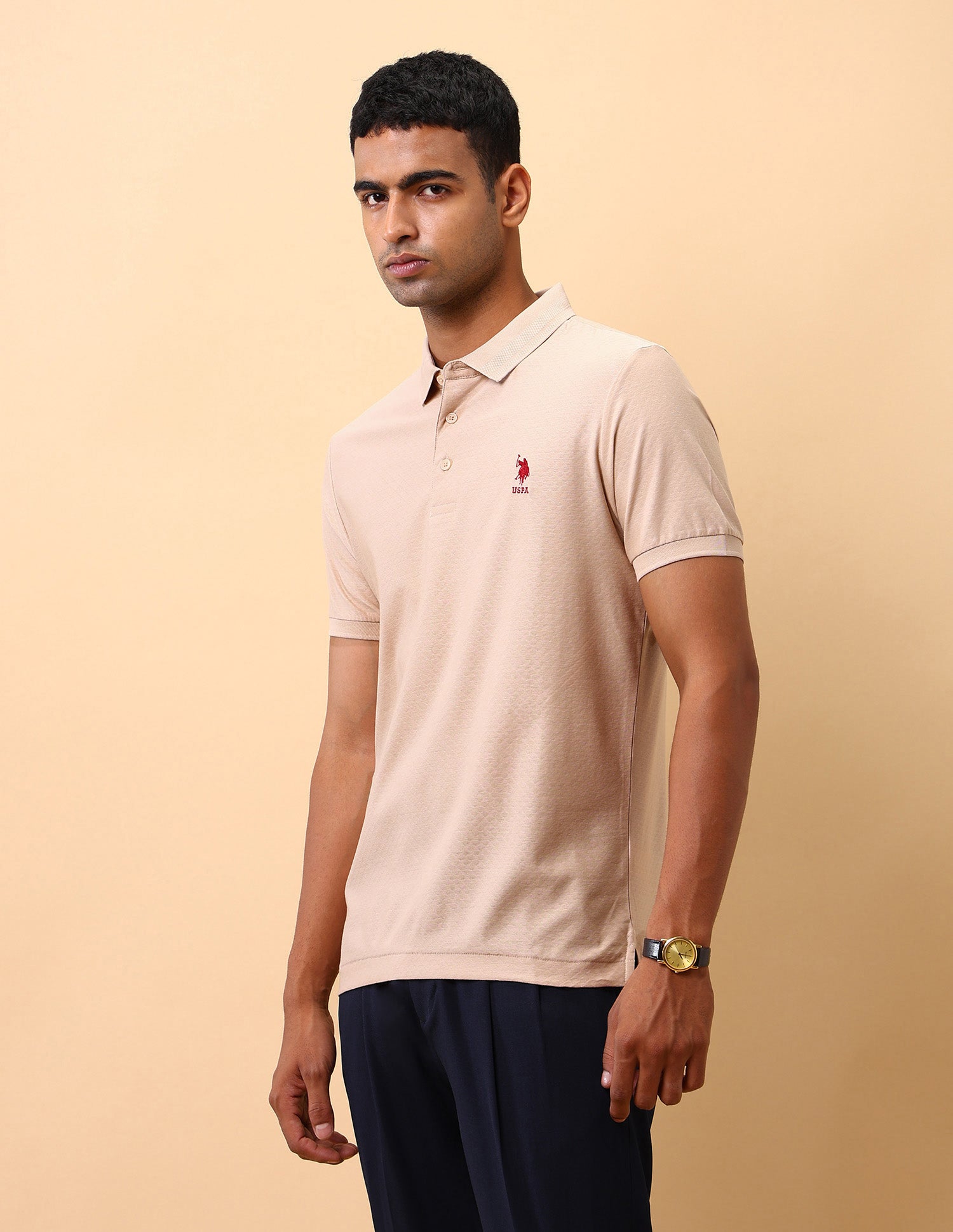 Textured Pure Cotton Polo Shirt Beige - U.S. Polo Assn. India | Large