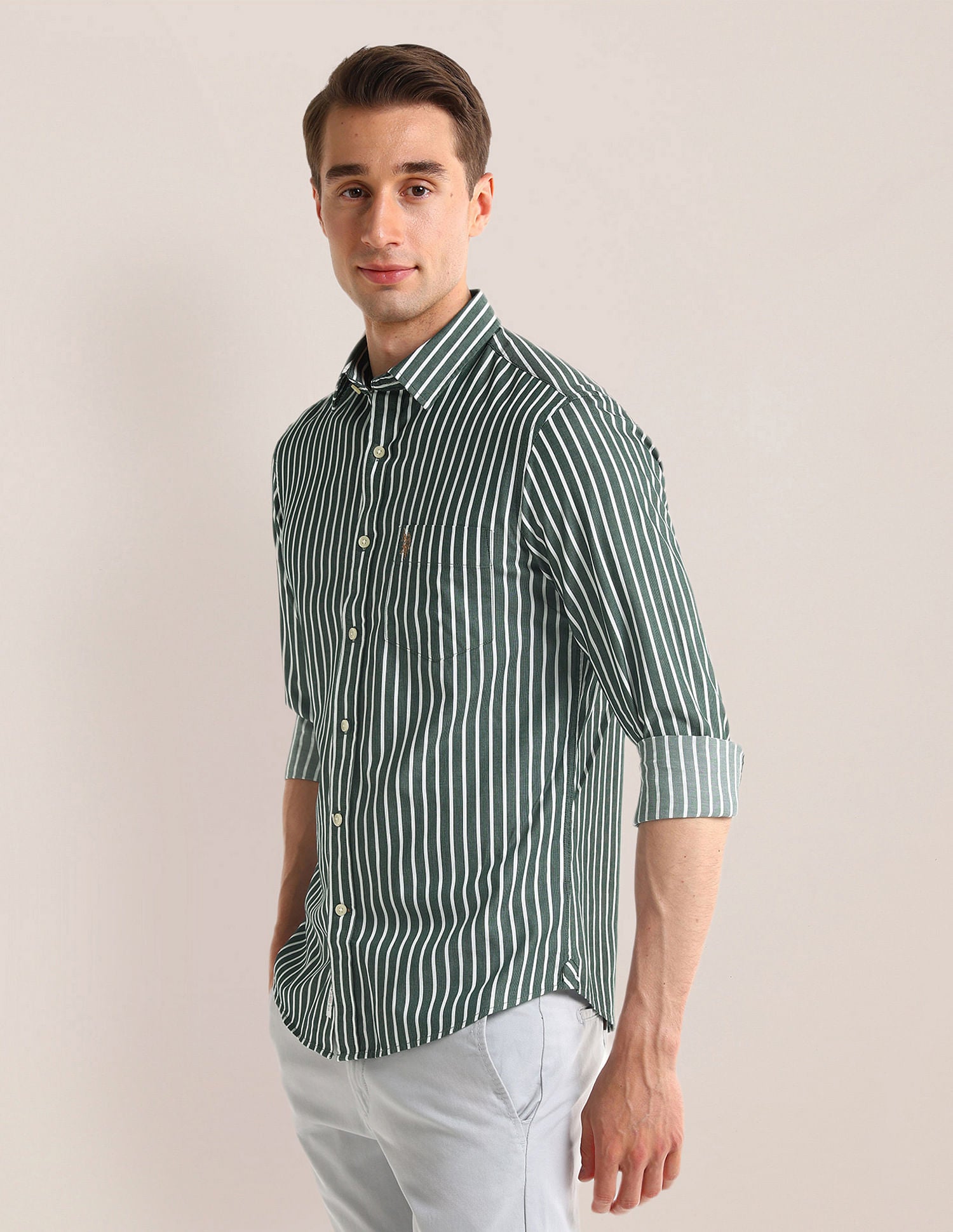 Tailored Fit Vertical Striped Shirt Dark-Green - U.S. Polo Assn. India | Large