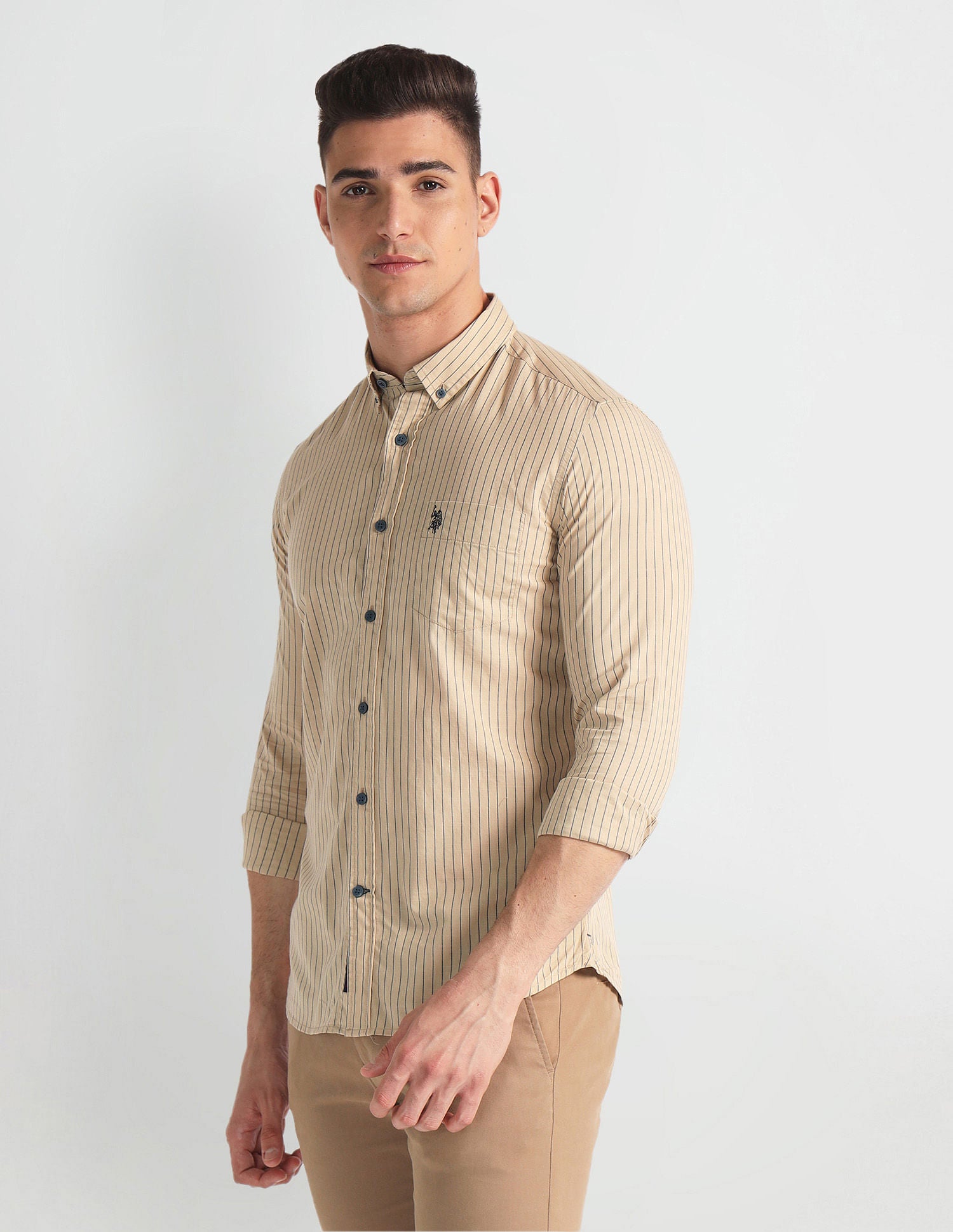 Vertical Stripe Slim Fit Shirt Khaki - U.S. Polo Assn. India | Large