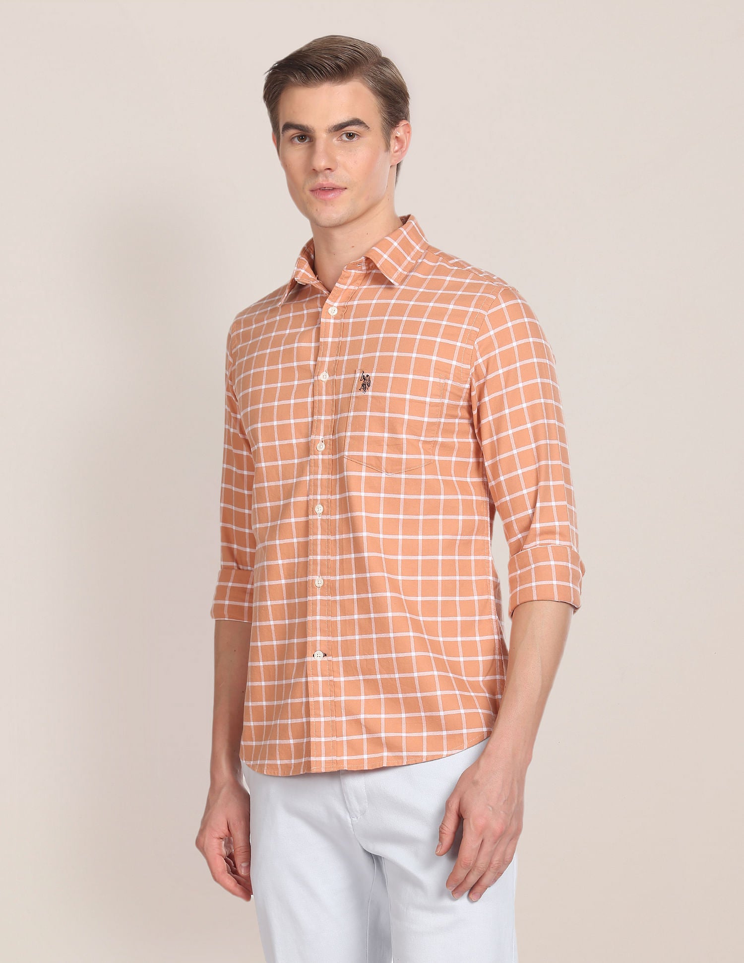 Long Sleeve Windowpane Checks Shirt Peach - U.S. POLO ASSN. | Large