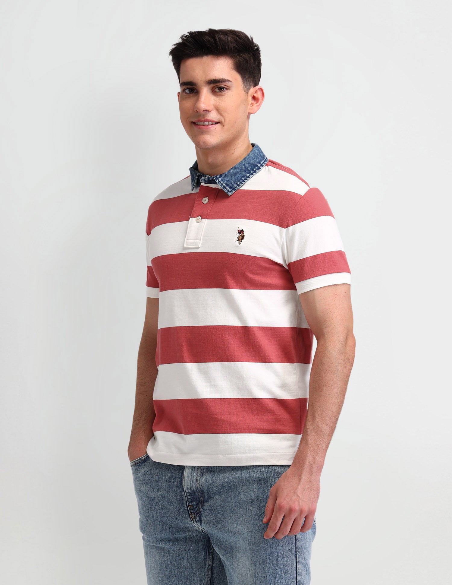 Horizontal Striped Cotton Polo Shirt Vivid Crimson - U.S. Polo Assn. India | Large