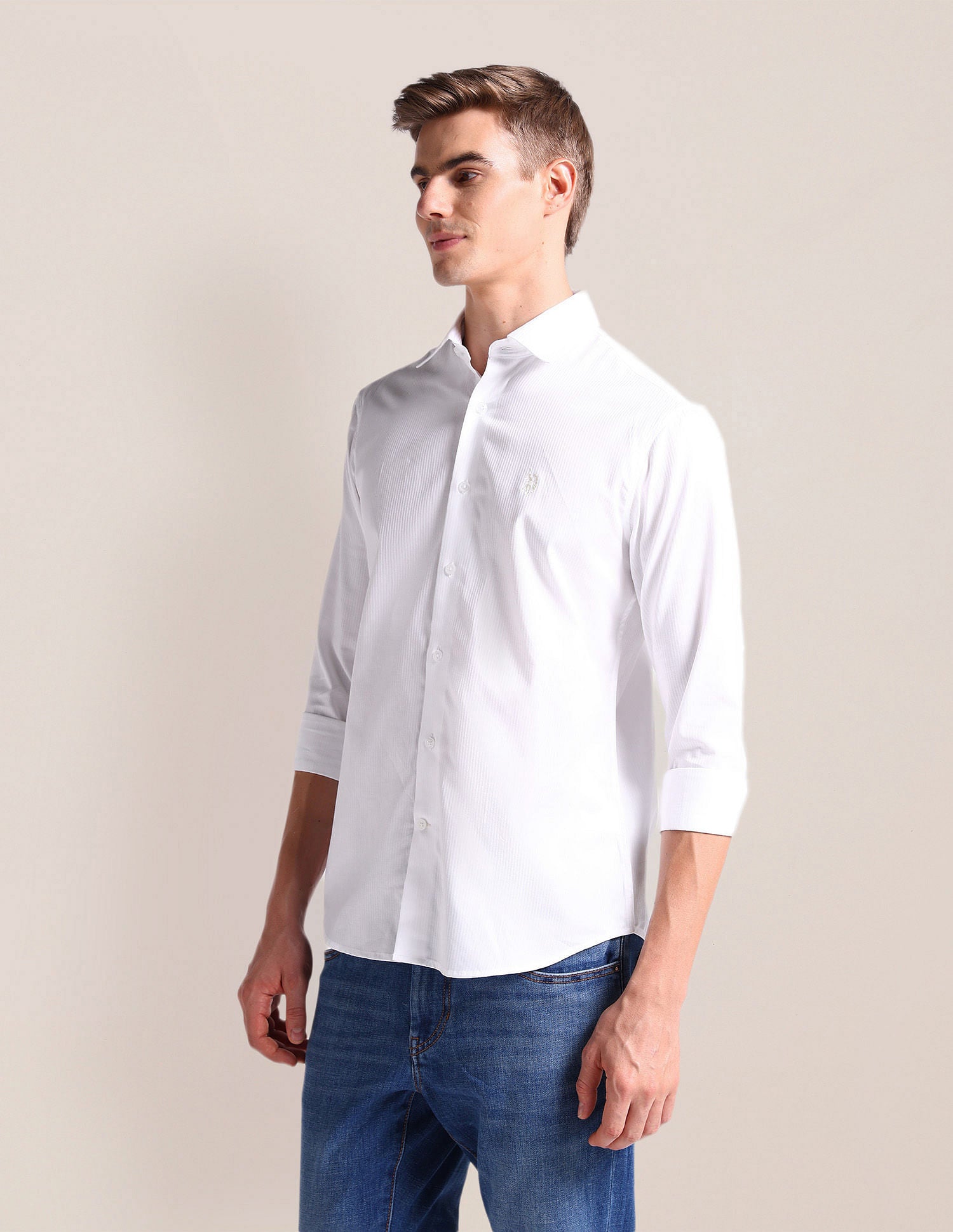 Semi Cutaway Collar Vertical Stripe Shirt White - U.S. Polo Assn. India | Large