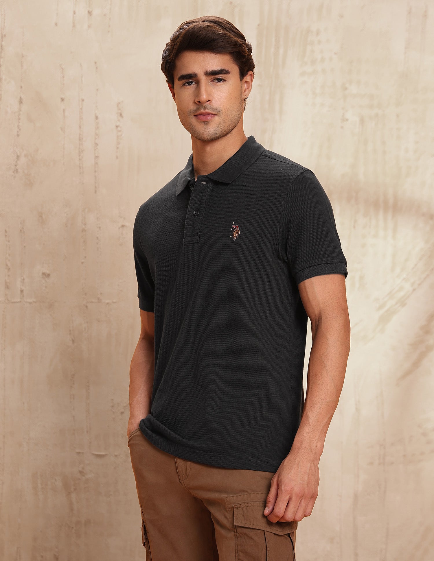 Pure Cotton Textured Polo Shirt Dark Grey - U.S. POLO ASSN. | Large