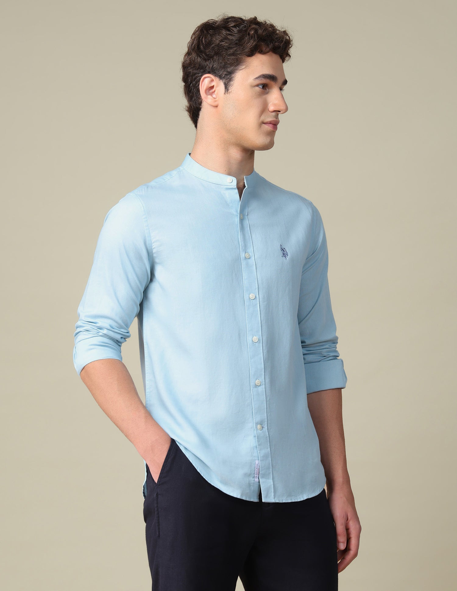Tailored Fit Mandarin Shirt Light Blue - U.S. Polo Assn. India | Large