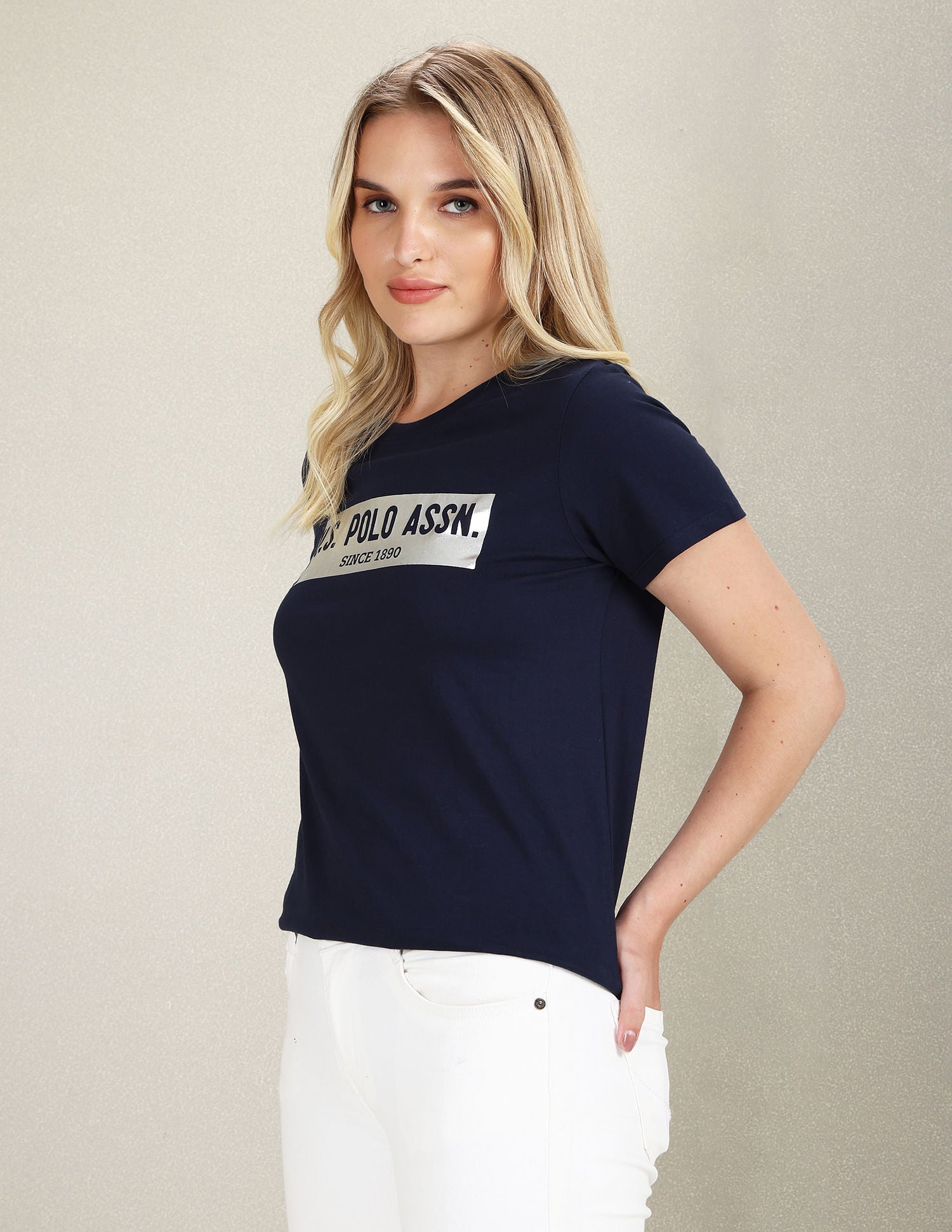 Metallic Brand Print Cotton T-Shirt Navy - U.S. POLO ASSN. | Large